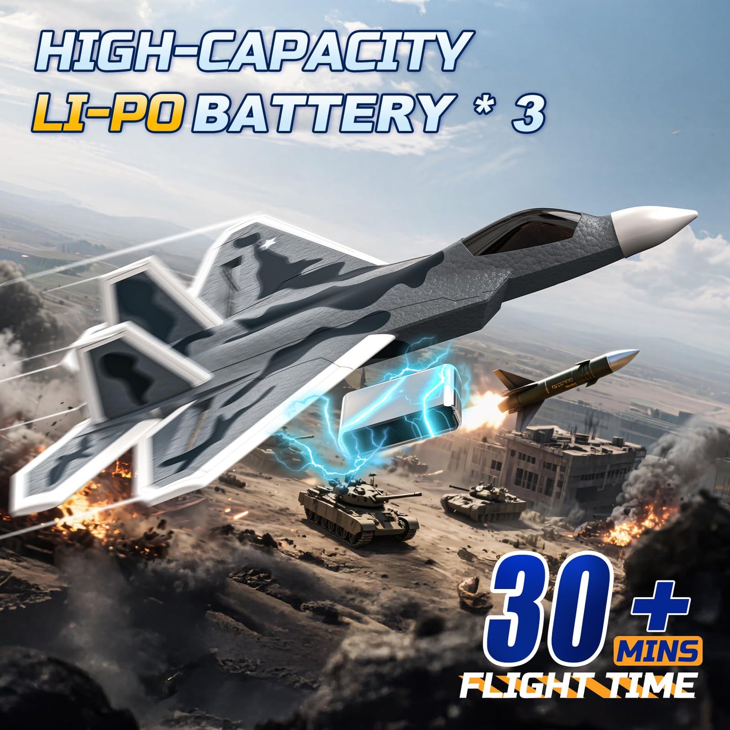 DEERC 2CH F22 Raptor RC Plane wiht Lights,Remote Control Airplane Fighter Toys,2.4GHz 6-axis Gyro Stabilizer RTF Glider Aircraft Jet Plane with 3 Batteries,Easy to Fly for Boys Adults