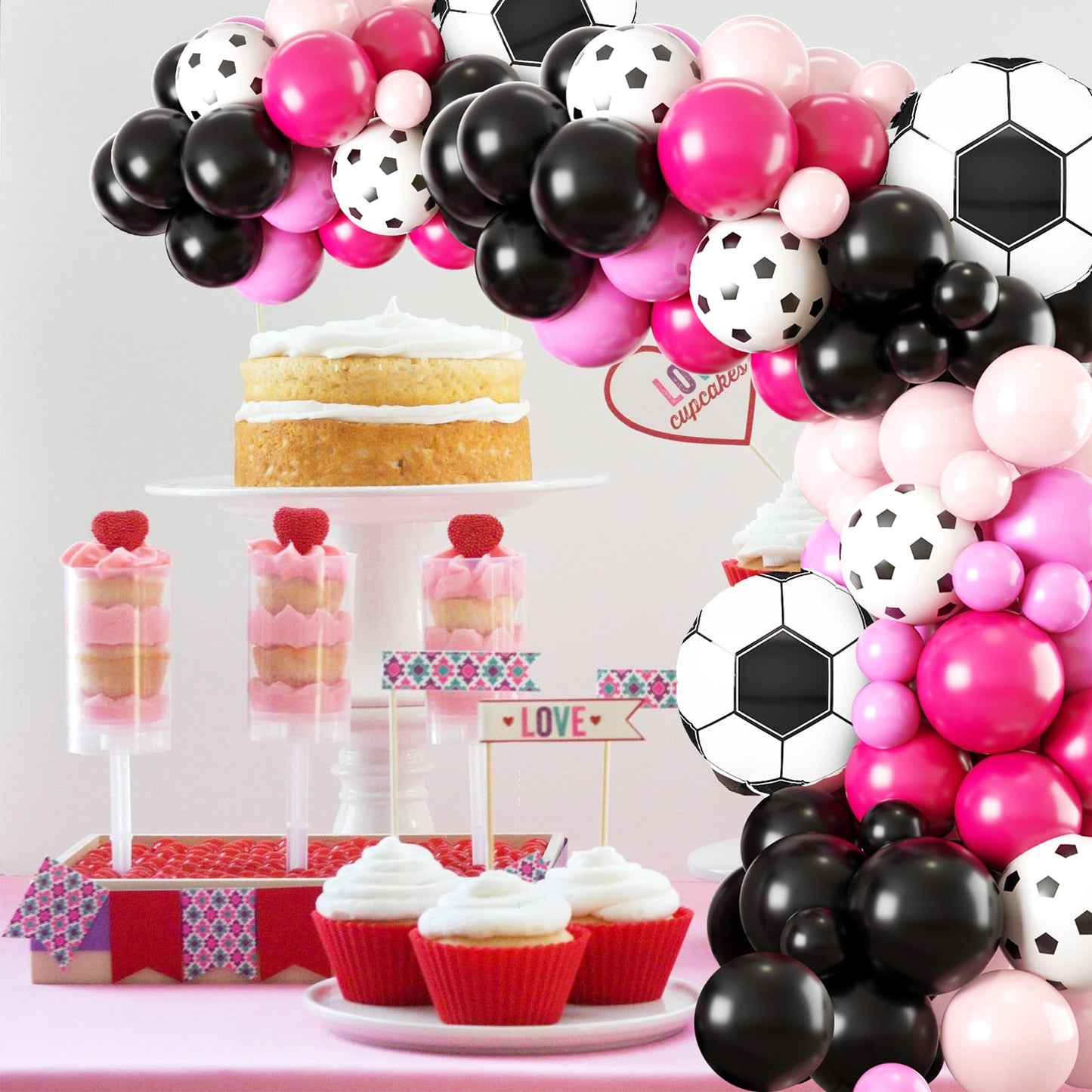 Soccer Party Balloon Garland Arch Kit, Black Hot Pink Decorations With Foil Balloon for Women Girls Kids Birthday Sports Theme, Football Party Decor Supplies