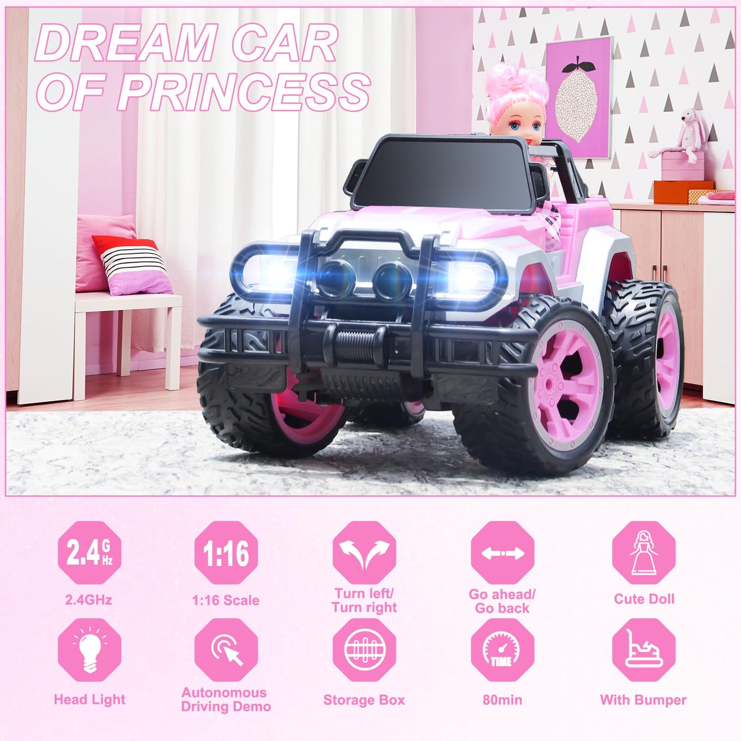 Remote Control Car for Girls, Pink RC Car with Doll and Sticker for Ages 6-10 Years Old Girls, 80 mins with Rechargeable Battery, 1:16 Scale 2.4Ghz,OX11S Perfect Christmas Birthday Gifts for Grils