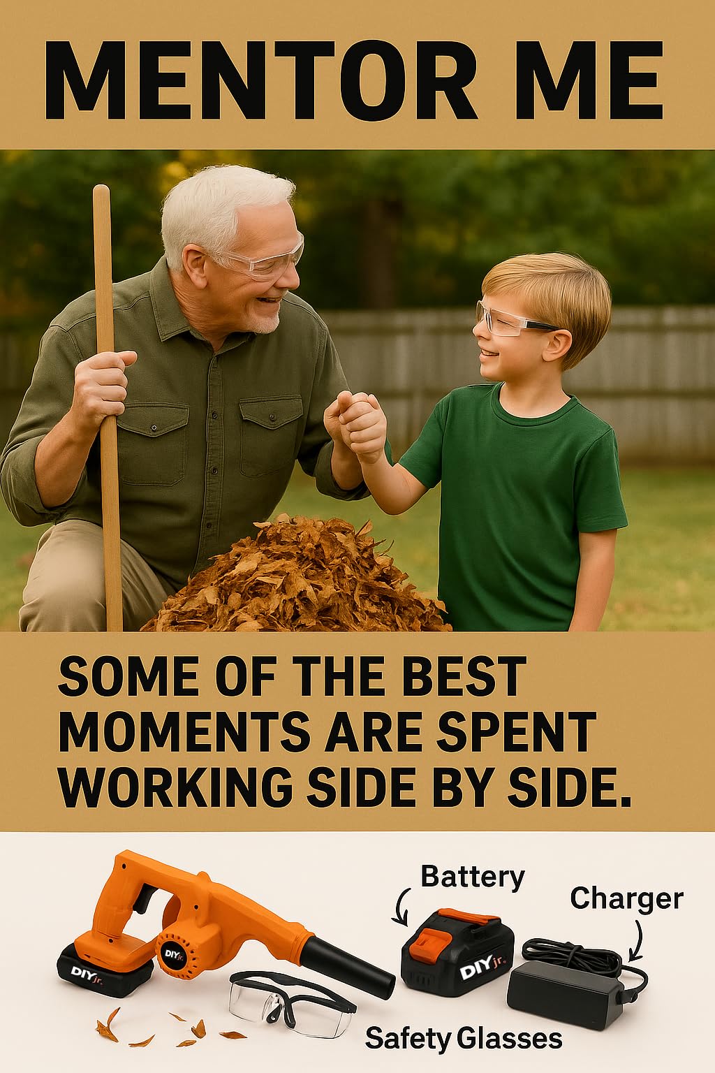 Mentor Me Cordless Leaf Blower for Kids - Real Working Youth Sized Blower with Safety Glasses - Parent-Led Learning Yard Tool - Durable Family Training Equipment, Adult Handling Required