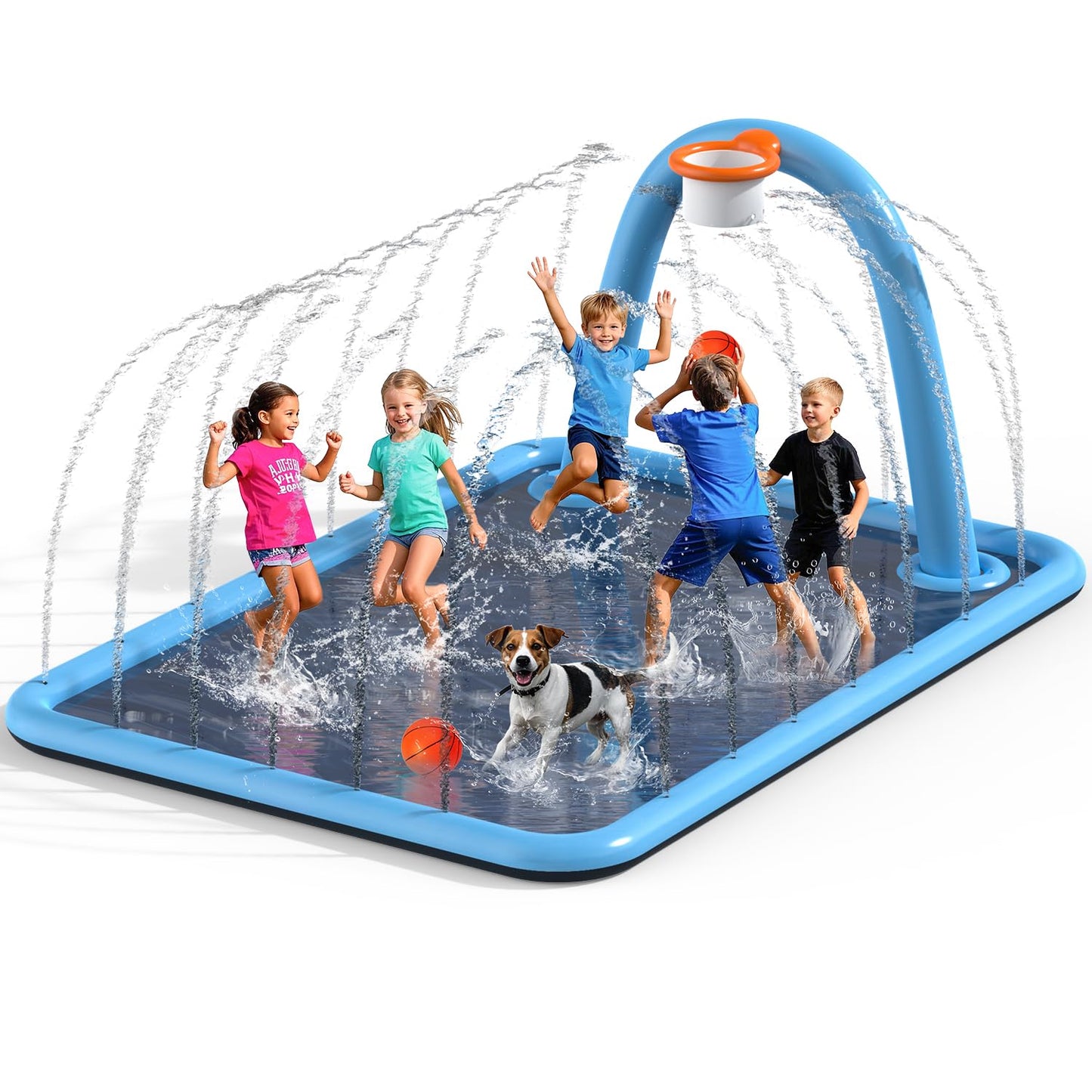Octaplay Splash Pad for Kids & Dogs, Large Sprinkler Pad Water Toys with Basketball Hoop, Thickened Non-Slip Splash Mat, Foldable Play Pool & Outdoor Summer Toys Ages 4-12 (102" Splash Pad)