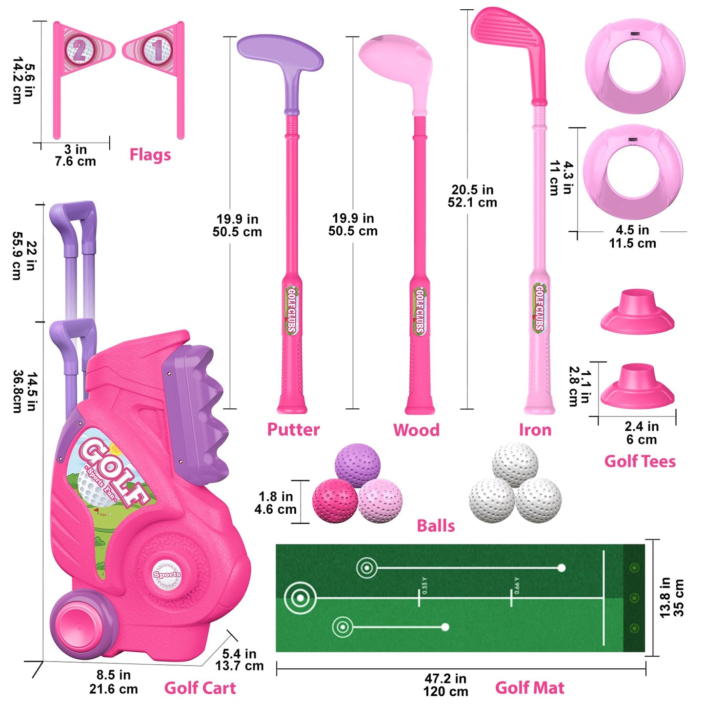 Liberry Toddler Golf Set for 2 3 4 Years Old Girls Boys, Upgraded Kids Golf Clubs Set with Golf Cart, Putting Mat, Outdoor Indoor Sports Toy Birthday Gift, Pink