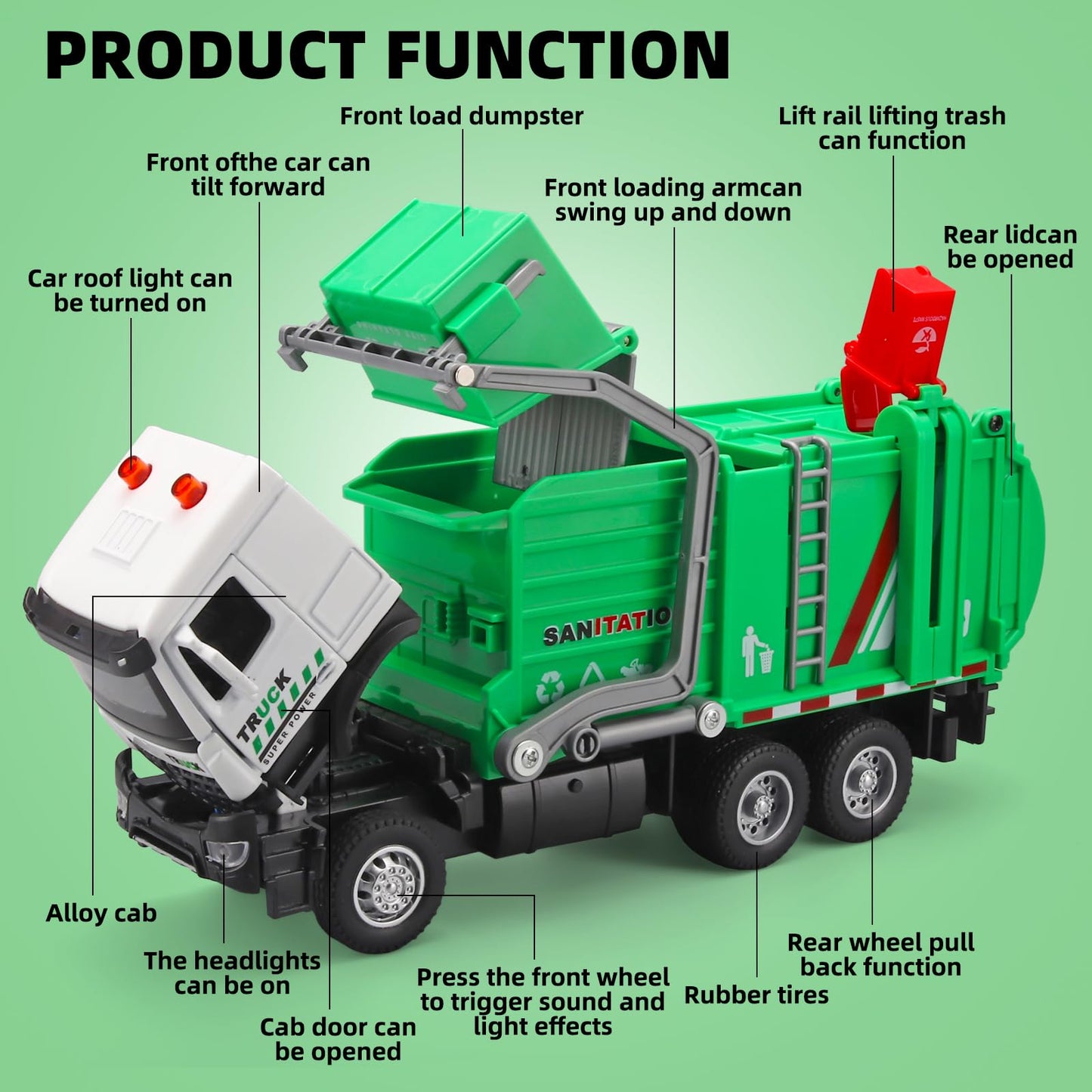 NOVAFUSION Garbage Truck Toys for Boys,Toy Garbage Truck Metal Diecast Cab,Pull Back Garbage Truck with Lights and Sounds,Front Loader Recycling Toy Garbage Trucks,Garbage Truck Toys for Boys Age 4-7