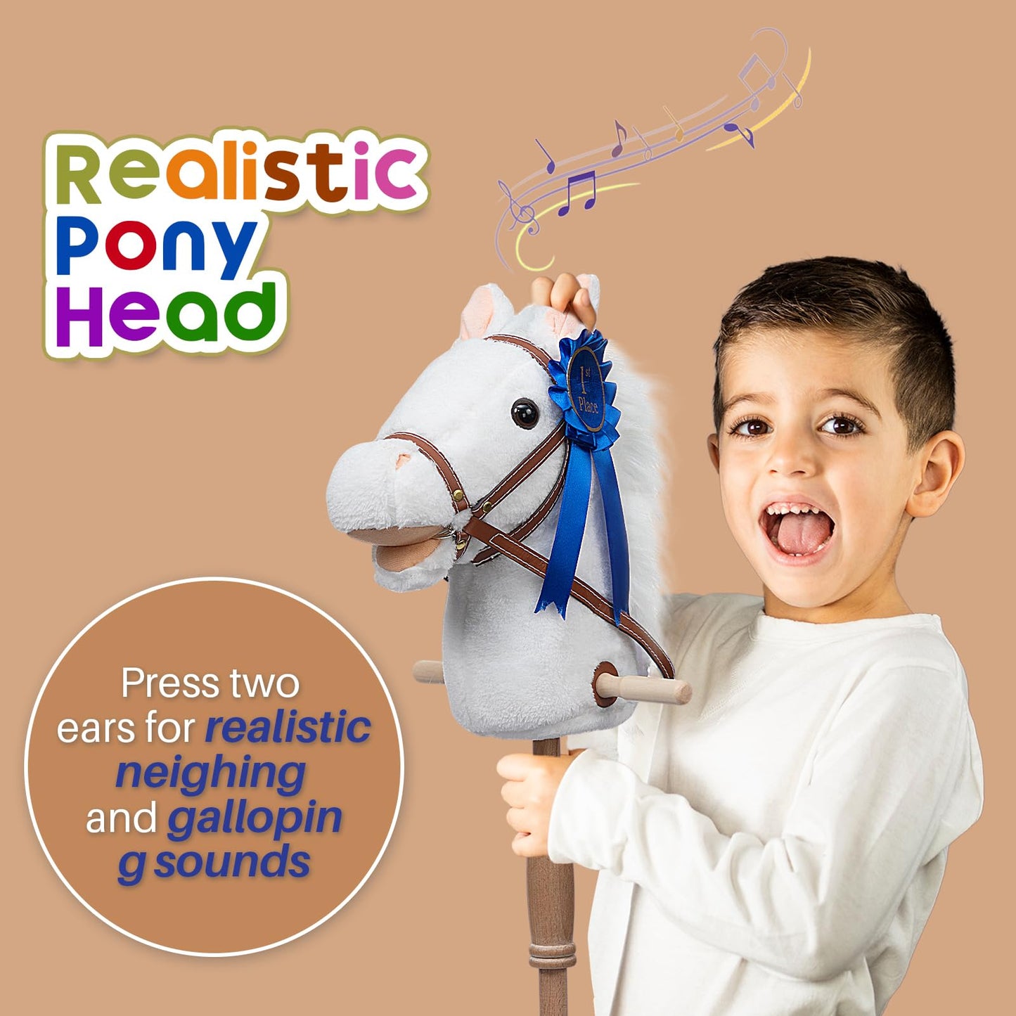 HollyHOME Stick Horse Plush with Detachable Blue Ribbon Champion Hobby Horse on Stick with Wood Wheels Real Pony Neighing and Galloping Sounds for Kids Toddlers White 36 Inches(AA Batteries Required)