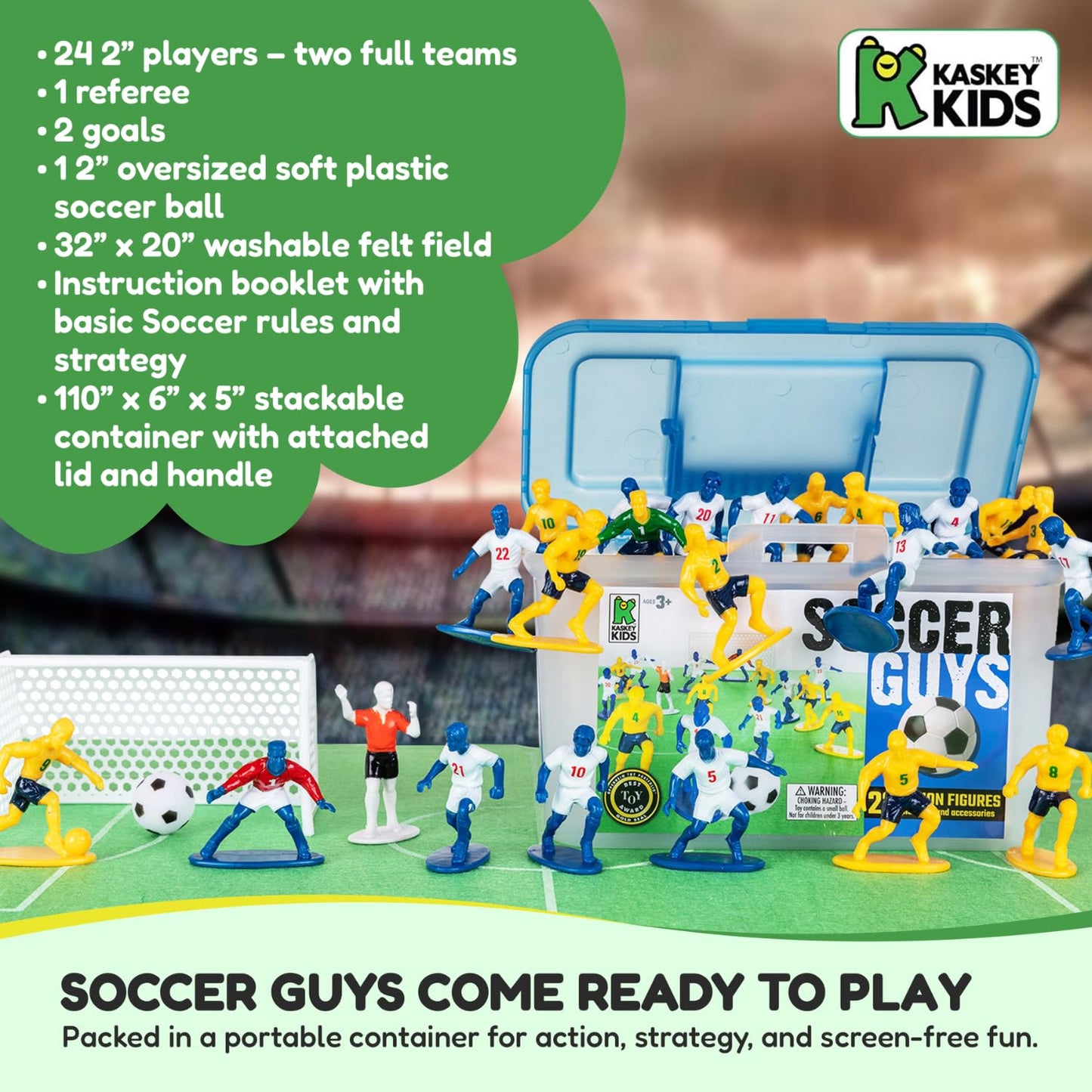 Kaskey Kids Soccer Guys, Blue vs. Yellow, 27 Pieces in Each Set, Includes 2 Teams, Accessories, and Travel Storage Case, Nostalgic Sports Action Figures for Imaginative Play, Ages 3 and Up