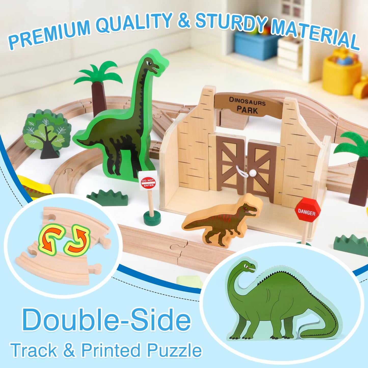Canuan Wooden Train Set, Dinosaur Toys for Kids 3-5, Compatible with Major Brands, STEM Railway Playset, Ideal Wooden Train Track Set for 3 4 5 6 7 8 Year Old Kids Boy Girl