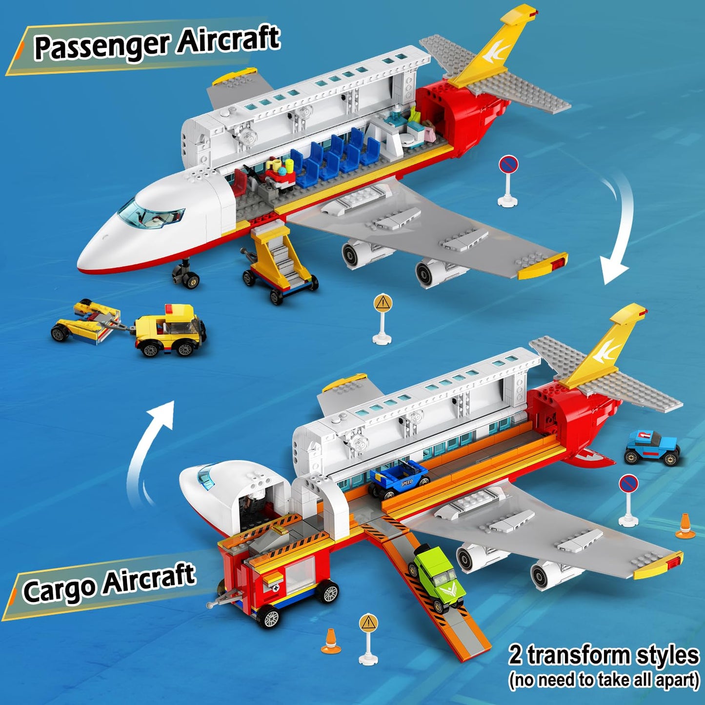 HOGOKIDS 2 Style City Airplane Building Set with LED Light - Plane Building Blocks Switch Passenger Cargo Projectile Toy with 3 Cars, Planes Model Toys Valentines Gifts for Kids Boys Girls Age 6-12+