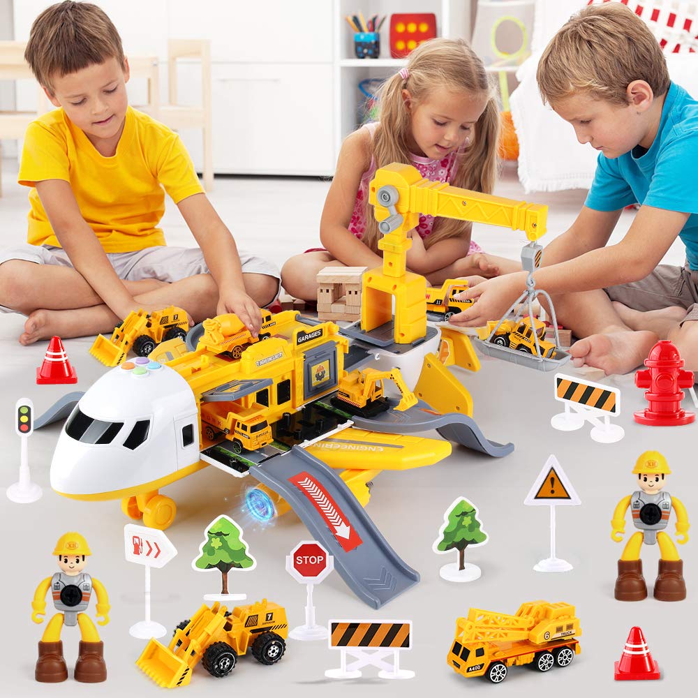 25 Pack Transport Construction Airplane Toy Play Vehicles Set for Kids Gifts, with 6 Construction Die-cast Toy Truck, 11 Road Signs-Suitable for 3 4 5 6 Year Old Boys and Girls