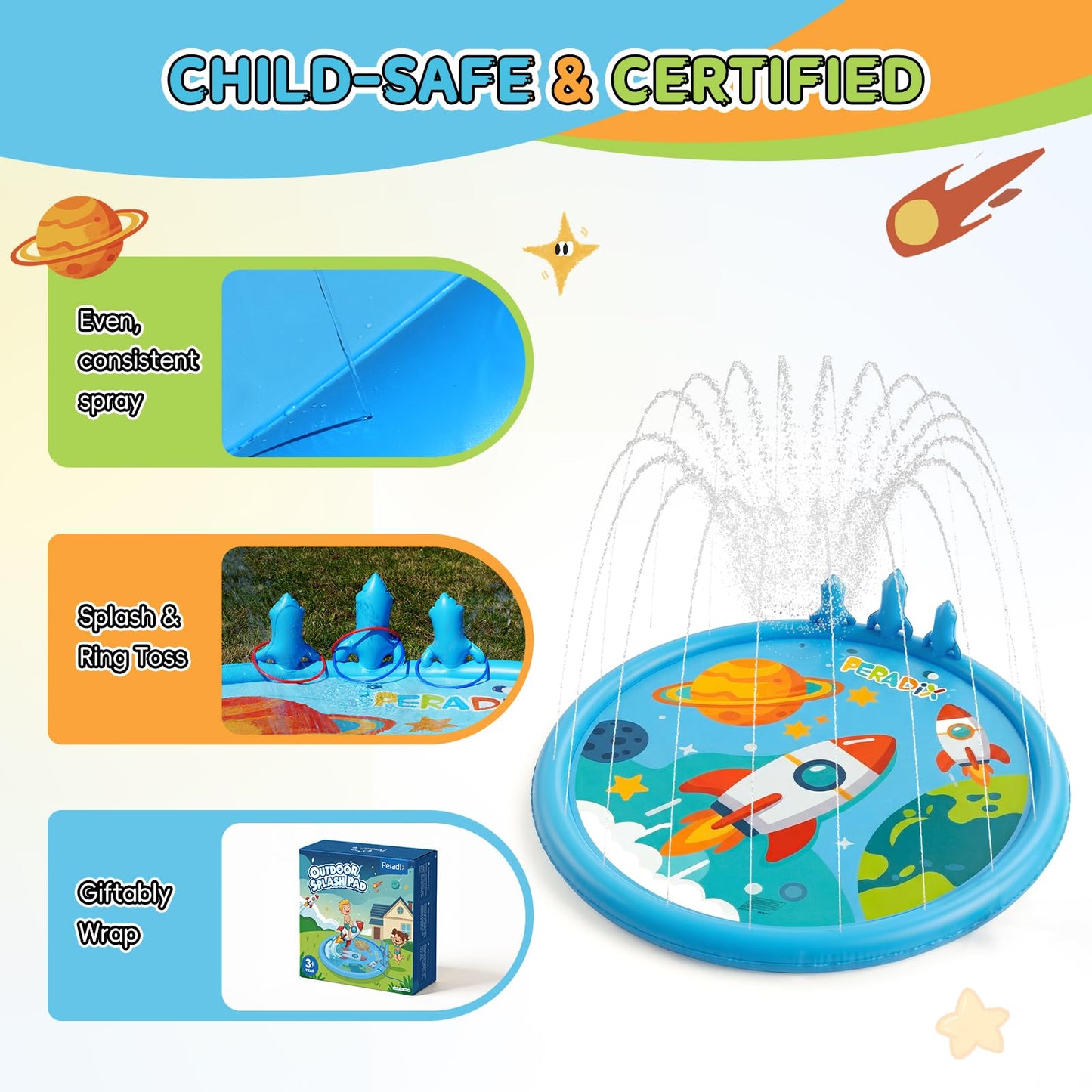 Peradix Toddler Splash Pad for Kids, 67" Sprinkler Mat with Ring Toss Game, Kids Summer Toys for Boys Girls & Family, Baby Splash Pad for Outside Backyard Garden Lawn Water Games, 6 Plastic Rings