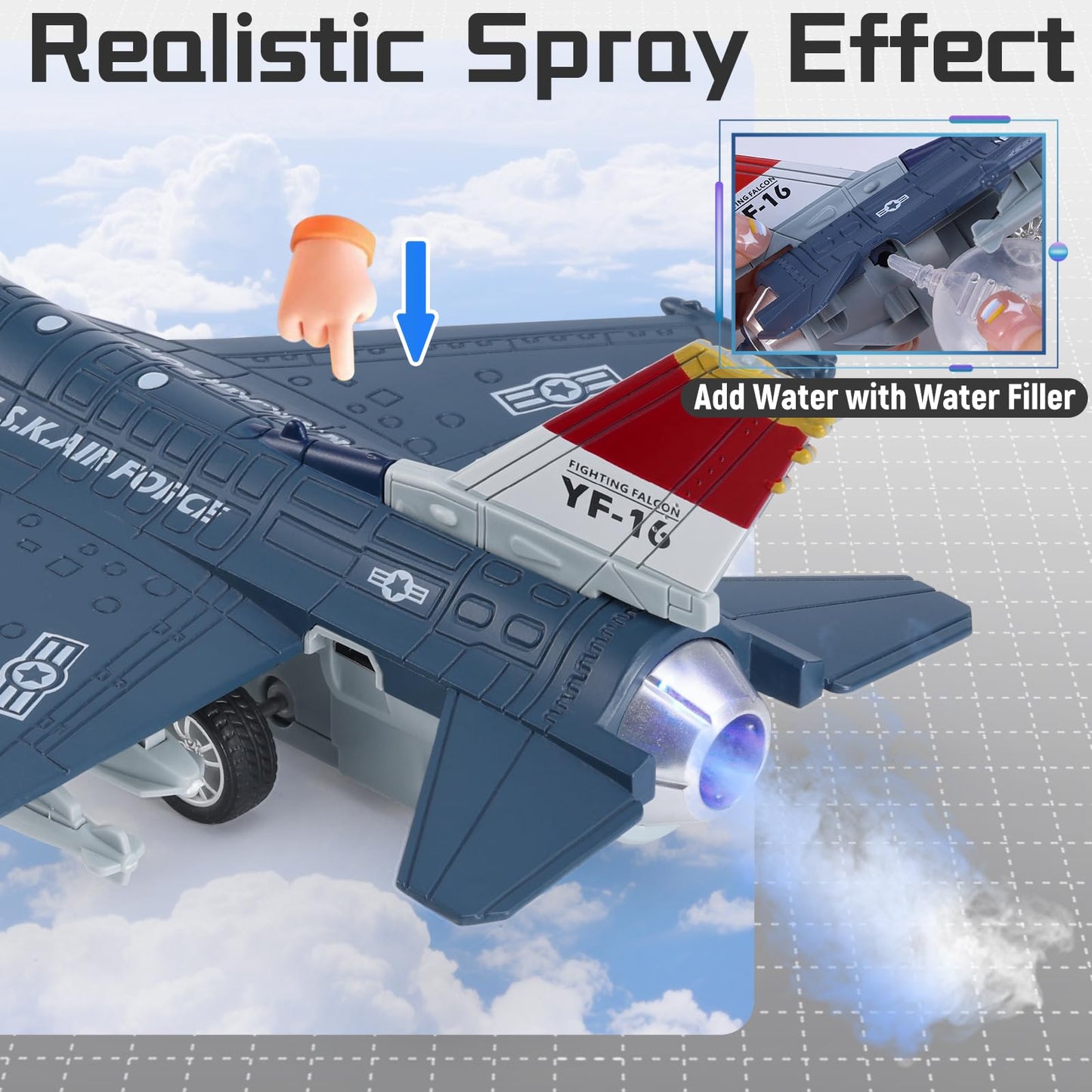 Crelloci Diecast Metal Alloy Fighter Jet Military Airplane Toy with Mist Spray, Lights & Sounds, Pull Back Function Army Air Force Aircraft for Kids, Toddlers Ages 3+, Gift for Boys Girls (Blue)