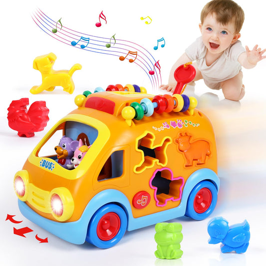 Toy Cars for 2 Year Old Boy Toys, Baby Boy Gifts, Musical Learning Crawling Toys for Toddlers 2-3, Educational Baby Bus with Animal Blocks, Christmas Birthday Gift for 2 3 4 Year Old Boys Girls Kids