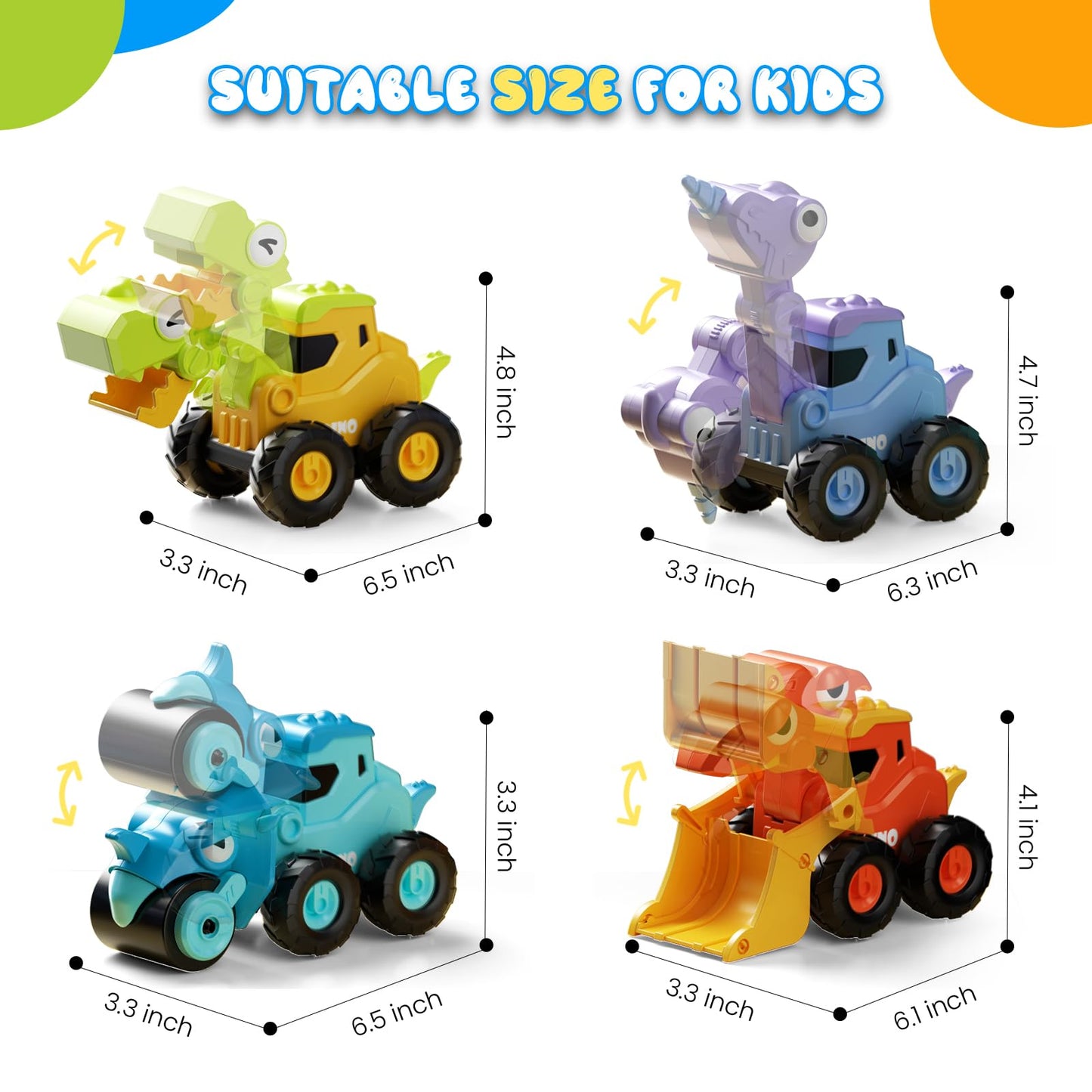 Dimoarch Construction Toys for 2 3 4 5 Year Old Boy Kids Toddlers, Press and Go Dino Truck Construction Vehicle Toys Sandbox Excavator Toys Boy Birthday Gifts