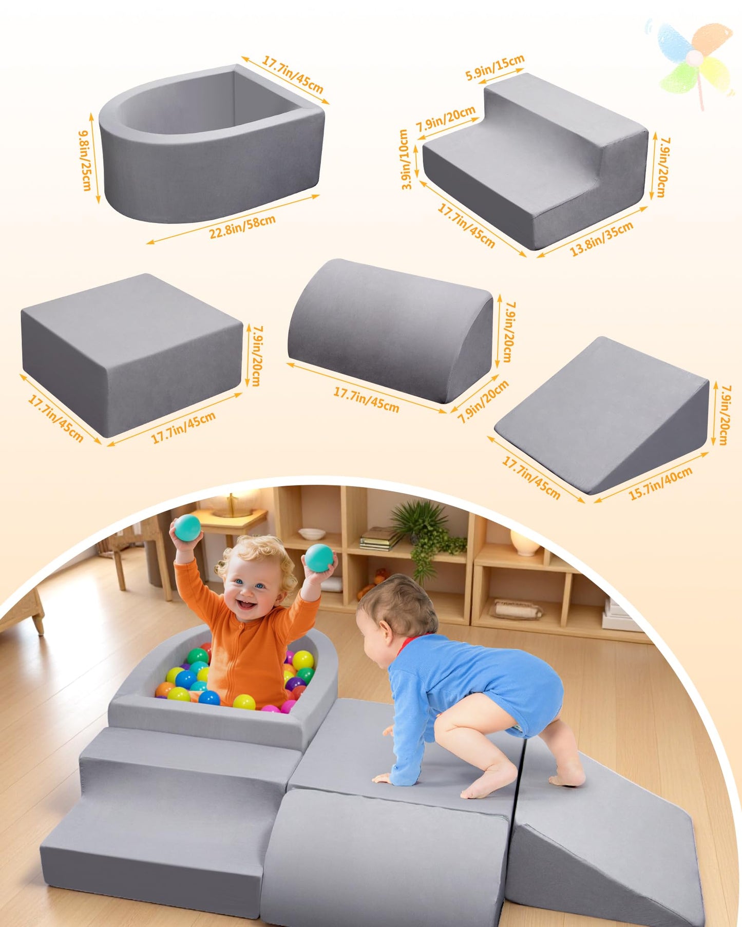 Auksay Baby Climbing Blocks, Soft Play Set for Crawling Baby 6-12 Months, Anti-Slip Particles Bottom & Velcro Connectors, High-Density Foam Gym with Soft Fabric Cover (Balls not Included)(Grey)