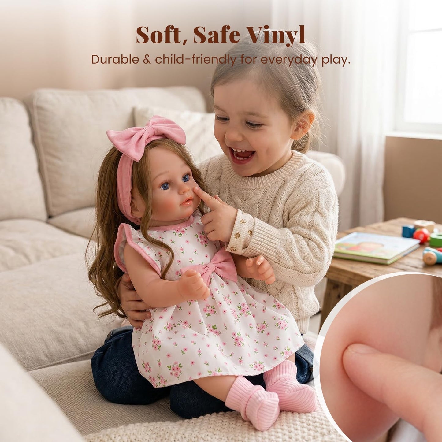 BABESIDE Lifelike Reborn Baby Dolls 20 Inch Realistic Baby Doll Brown Hair Girl Handmade Real Life Newborn with Clothes and Toy Accessories Gift for Kids Age 3+