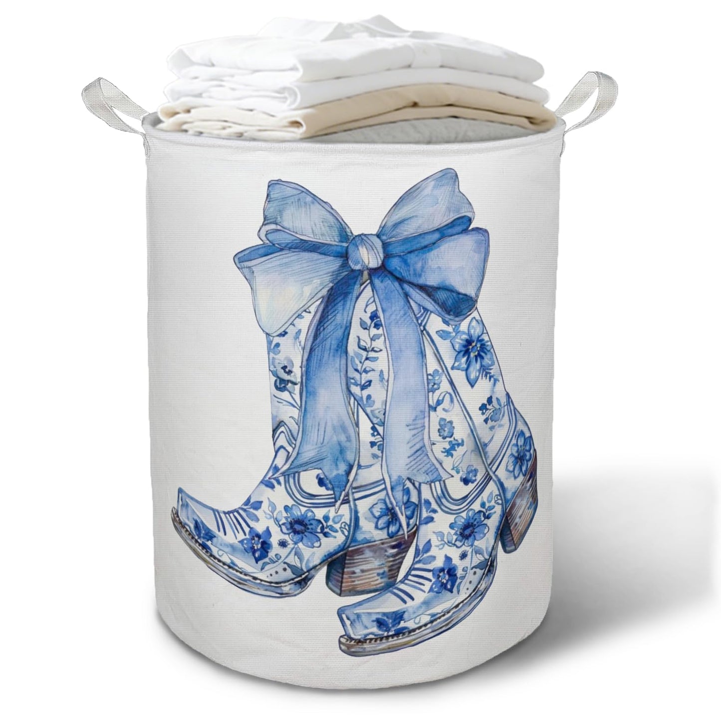 TAZSWDMM Chinoiserie Bow Western Cowgirl Boots Laundry Basket Hamper, Blue and White Cowgirl Foldable Clothes Toys Books Storage Box Bins Baskets Organizer for Girls Room Bathroom Home