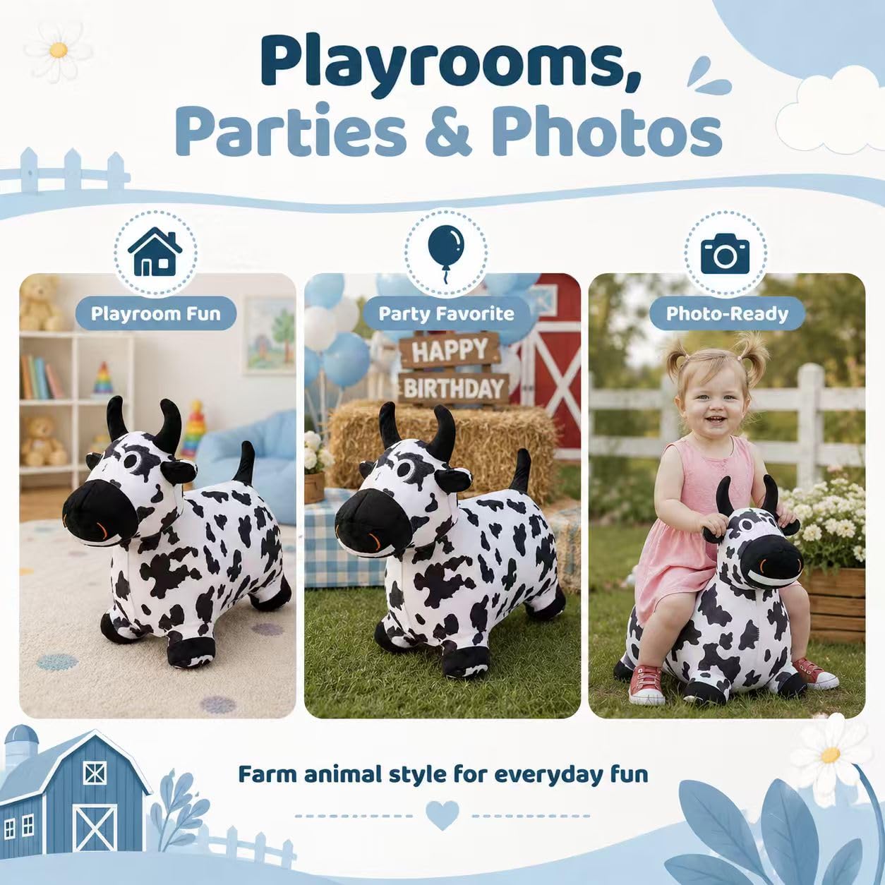 THXKNJ Hoppity Cow Inflatable Hopper with Pump, Plush-Covered Bouncy Animal Ride on Bouncer for Toddlers & Kids, Jumping Cow Hopping Toy Birthday Gift for Boys Girls 18 Months to 6 Years Old