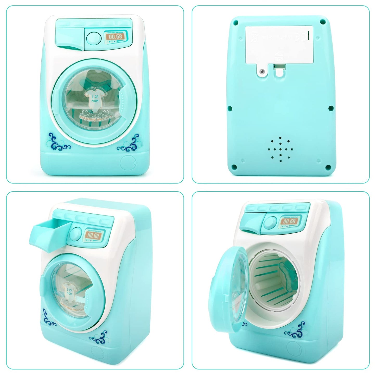 deAO Washing Machine Toy for Kids Dollhouse Furniture Pretend Play Household Appliance Realistic Sounds with Lights Laundry Play Set with Rotatable Roller for Boys Girls