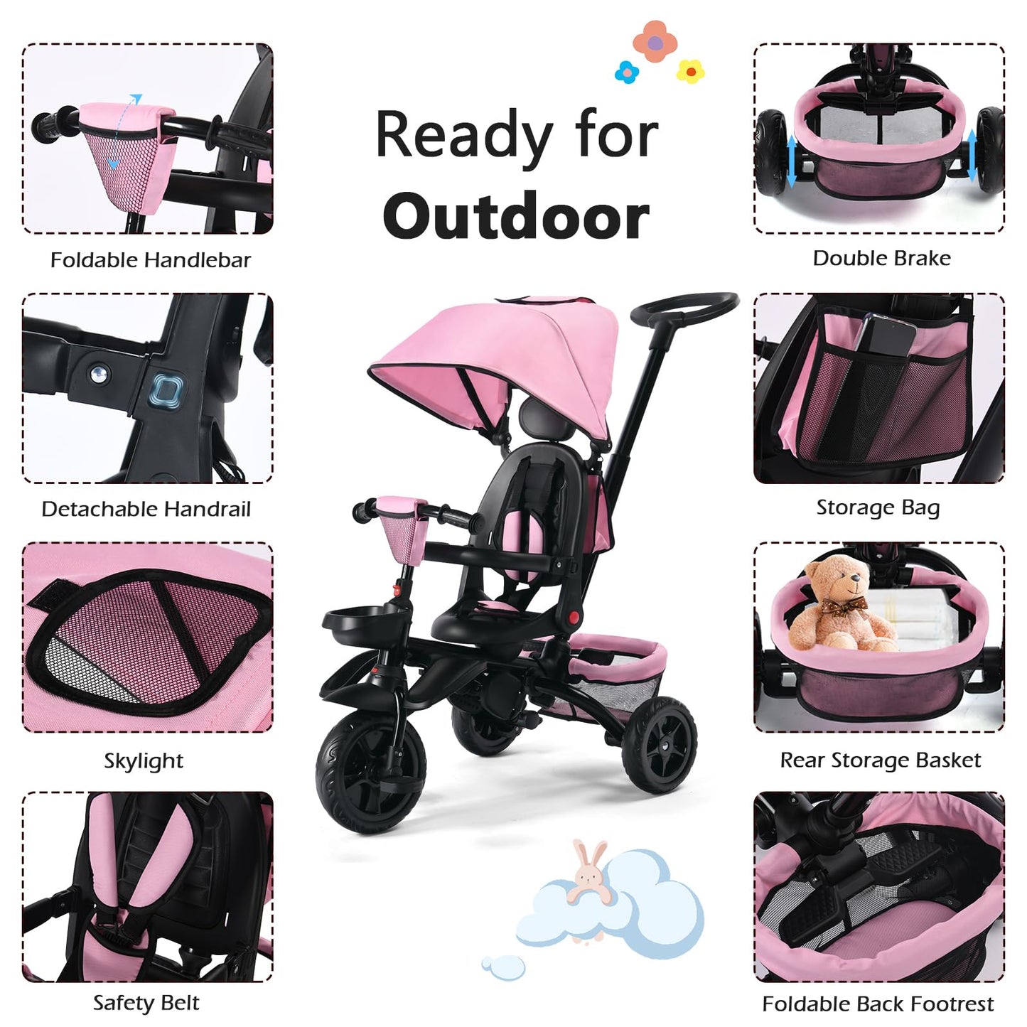 Kinder King Kids Tricycle, 7 in 1 Folding Toddler Trike w/Adjustable Push Handle, Rotatable Seat, Adjustable Canopy, Safety Harness, Storage, Toddler Bike for Age 6 Months+,Pink