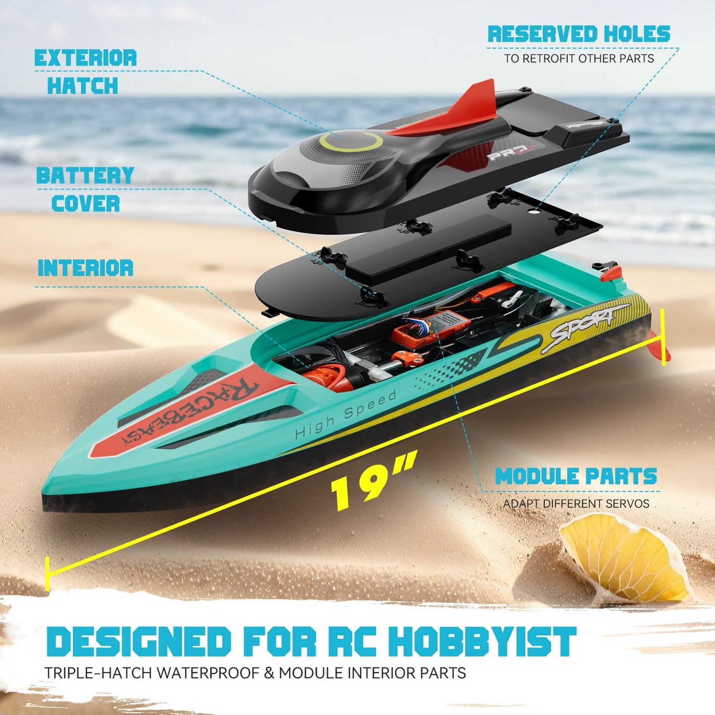 TOPCHOIC Brushless RC Boat 40+MPH, Remote Control Boats for Adults Kids, 19" Big Racing Boat for Salt Water Lake River with Self-Righting, LED Lights, Fishing Function Fast High Speed with Carry Bag