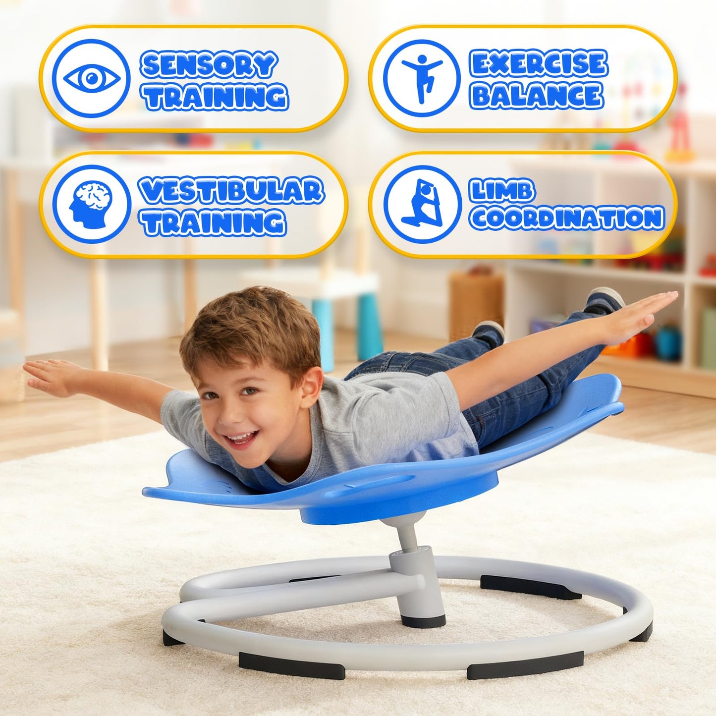 Spinning Chair for Autistic Kids, Sensory Swivel Chairs, Sit and Spin Sensory Toys with Grippable Handle Design, Trains Body Coordination, Autism ADHD Chairs Indoor Outdoor Play Equipment (Blue)