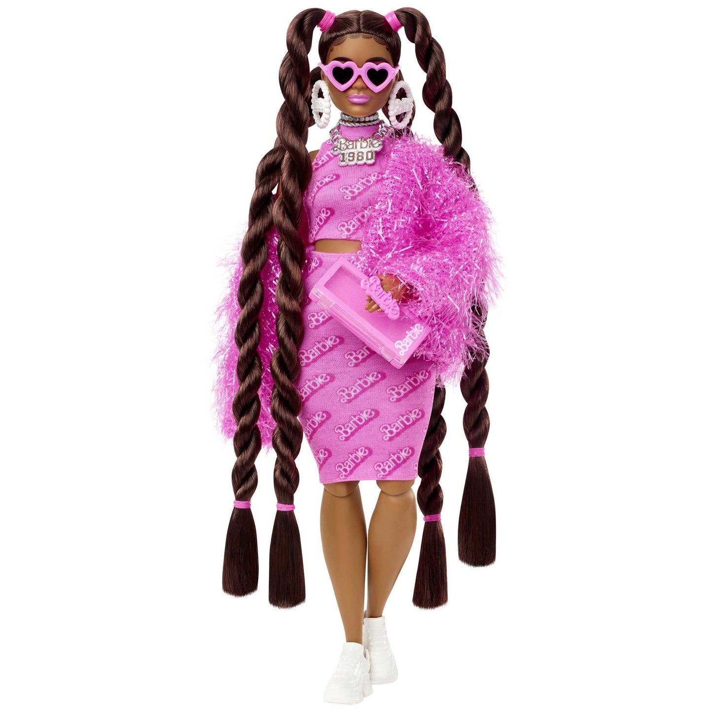 Barbie Extra Doll & Accessories with Long Brunette Styled Hair in Pink 2-Piece Outfit with Sparkly Jacket & Pet Puppy