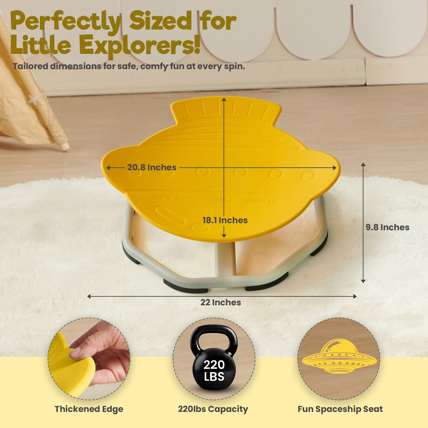 Almast Kids Spinning Chair for Autistic Kids – (Yellow) UFO Shape Sensory Spinning Chair | Indoor Autism Toy | Ages 3+ | 220 lbs Capacity