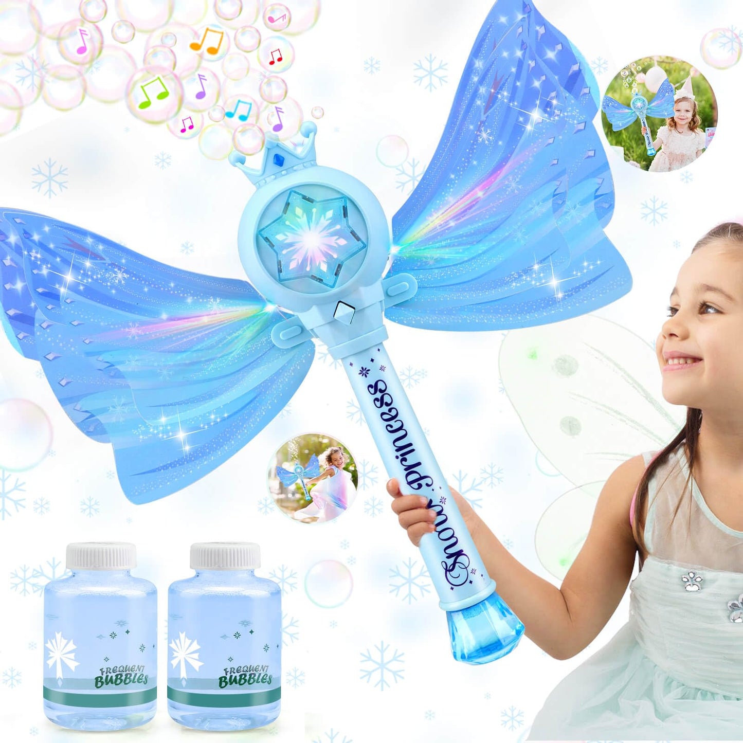 Britik Bubble Wands for Kids Girls - LED Light & Music Bubble Machine: 3 AA Batteries & 2 Bubble Solutions, Outdoor Party Birthday Toys for Toddlers, Gift for 3 4 5 6 7 8 Year Old Girls, Blue