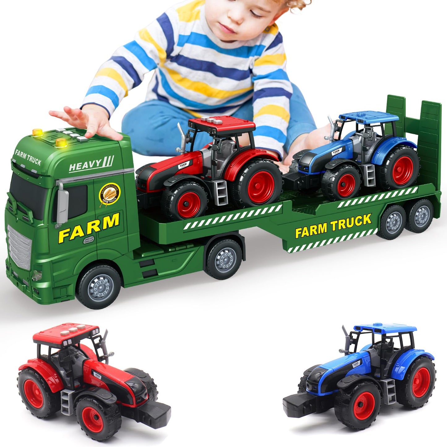 Yiwsnust Large Flatbed Semi Truck, 25.6’’ Large Farm Truck Toy with 2 Tractors, Friction Powered Farm Transport Truck Tractor Toy with Light & Sound, Farm Toys Birthday Gift for Kids Aged 3-8