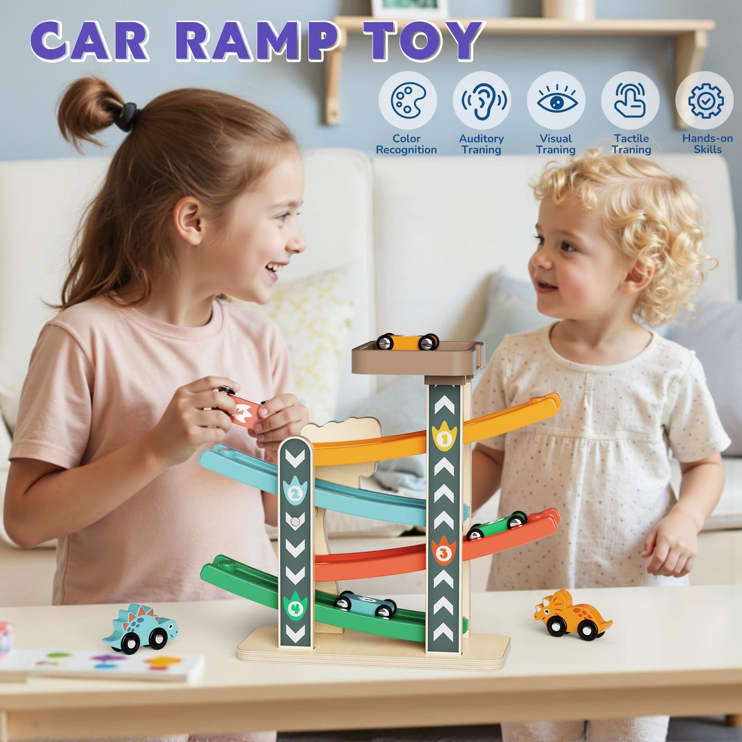 Paisure Wooden Car Ramp Toy for Toddlers 1-3, Montessori Toy with 6 Cars (Dinosaur & Racing), 4-Level Car Ramp Race Track, Toddler Toy & 1 Year Old Birthday Gift
