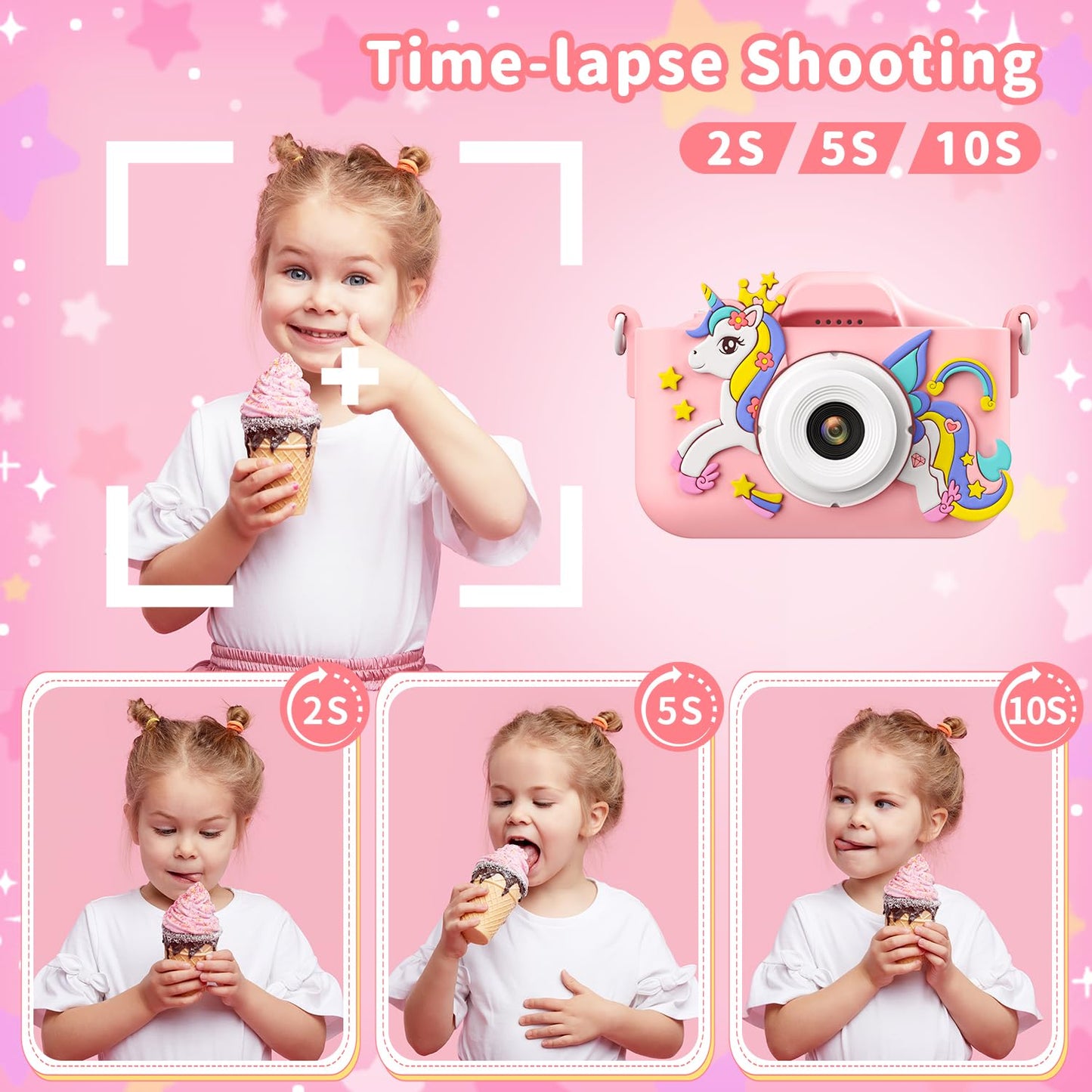 Pink Unicorn Kids Camera, Digital Camera for Toddler Boys Girls Children Selfie Camera Toy with 2 Inch Screen, 32GB Card for Age 3-12 Birthday (A Pink Unicorn)