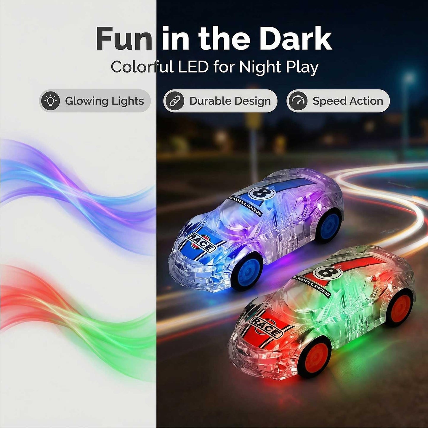LIDI 2 Pack LED Ligh Up Pull Back Cars Toys, Light up Race Car, Age 3+ Kids Boys and Girls Birthday Gifts