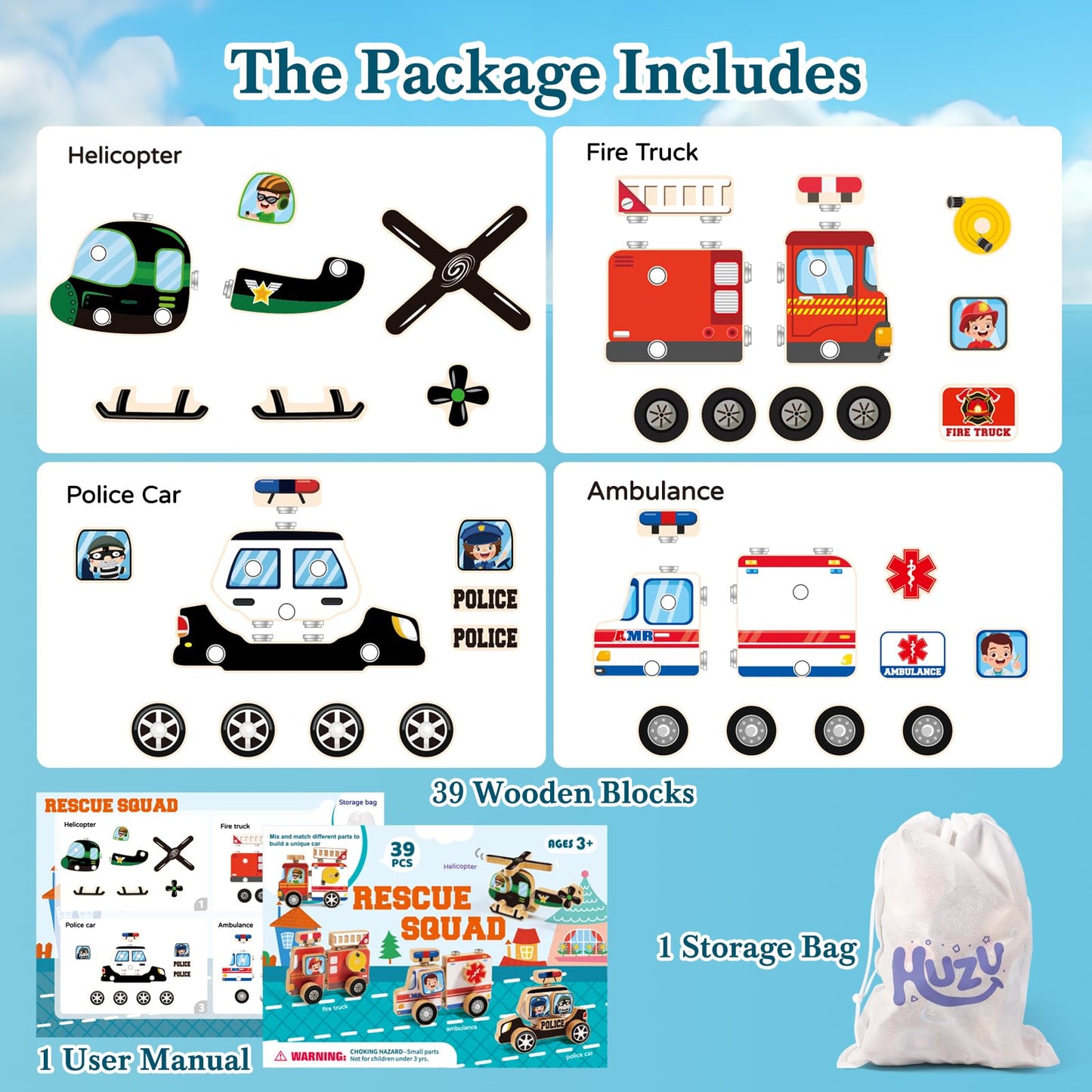 HUZU Emergency Vehicles 3D Puzzle Toy, Rescue Squad Wooden Snap Button Connection Building Blocks for Kids 3-8, Fire Truck Ambulance Police Car Helicopter Montessori Gifts for Preschool Children