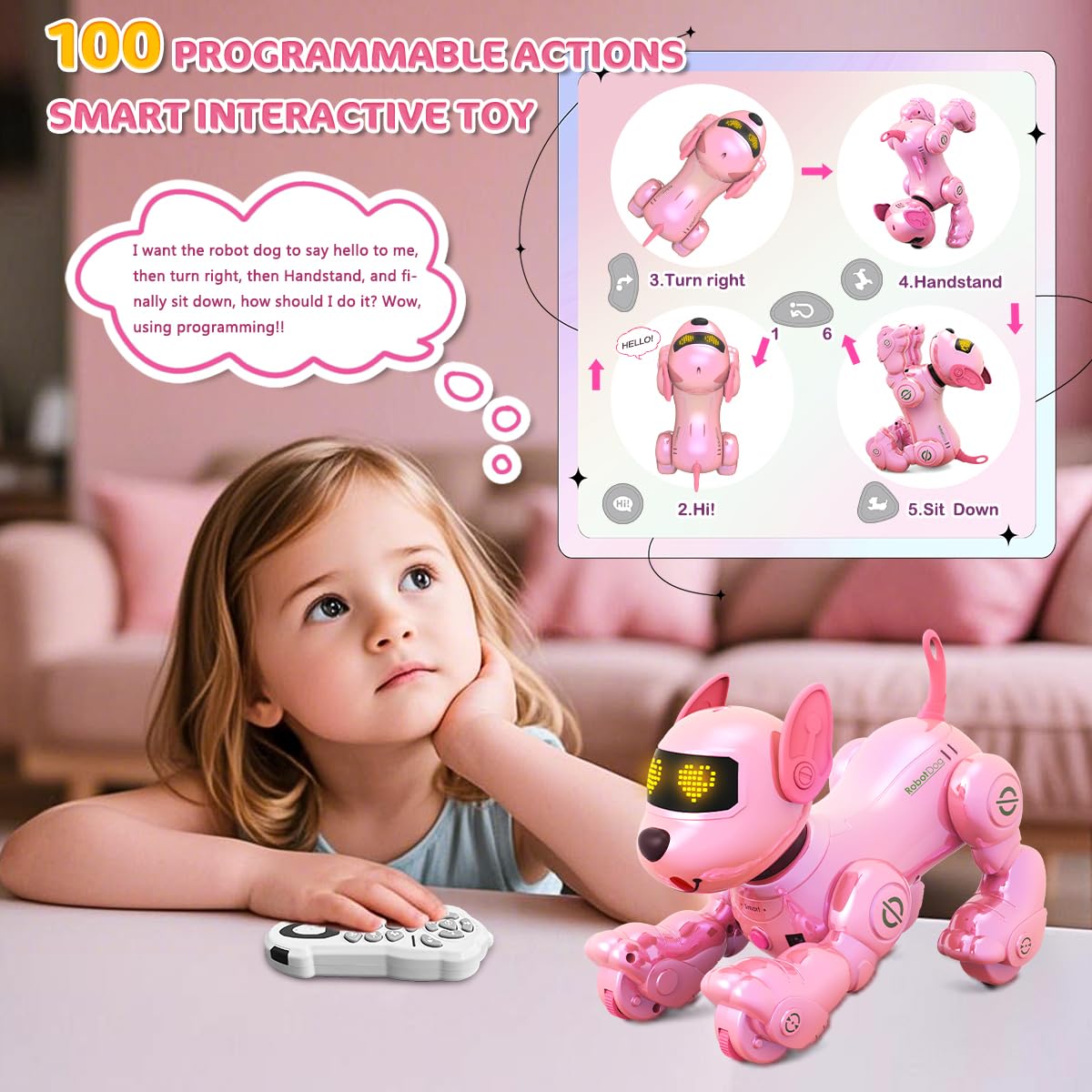 VATOS Rechargeable Robot Dog for Kids, Remote Control Robotic Dog with Programmable, 17 Interactive Functions & Volume Adjustable, Singing Dancing Robot Dog Toy Gift for Girls 3-8 Years Old, Pink