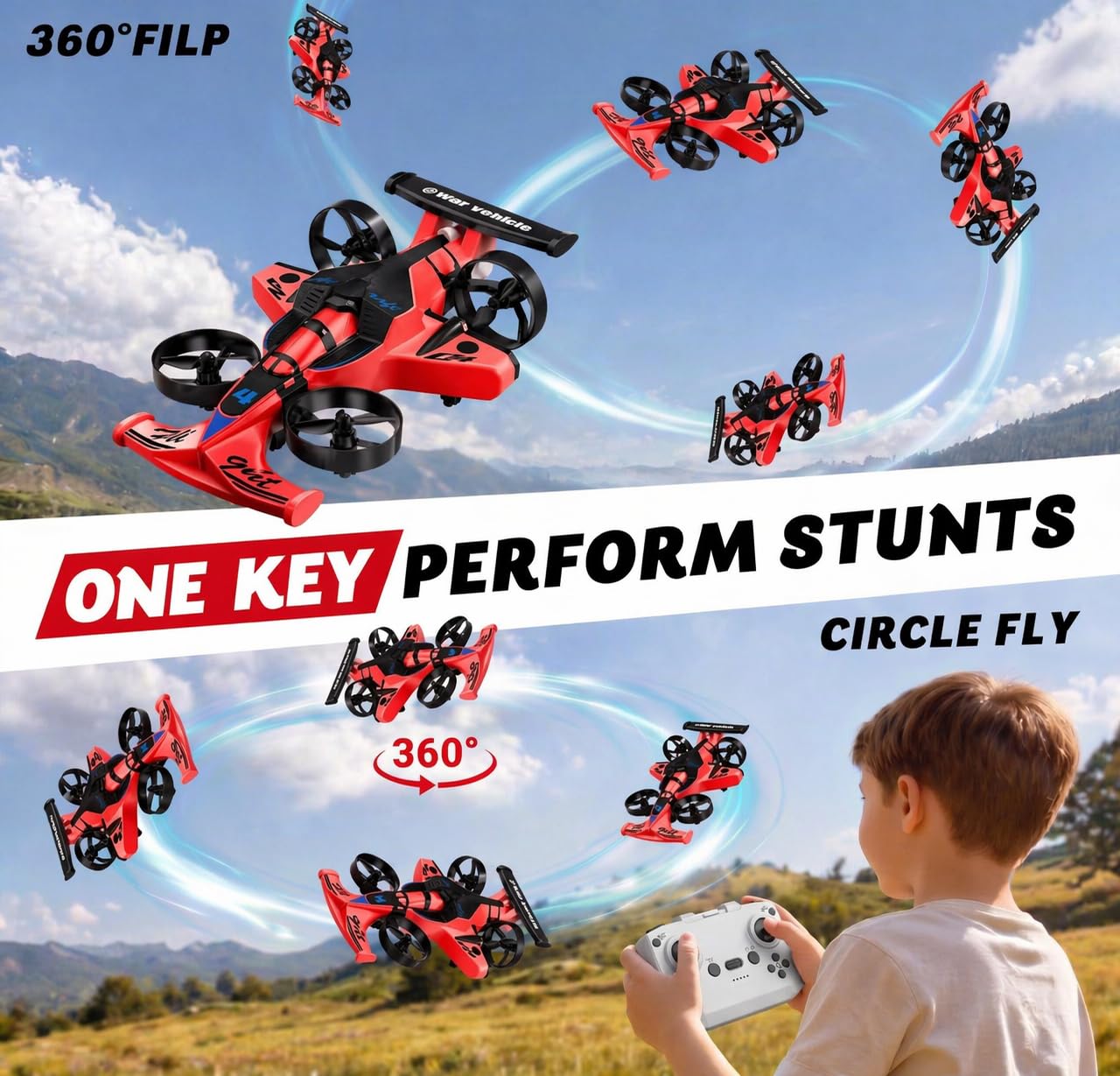 WAWALOL RC Flying Car and Airplane Toy, Toys for Boys and Girls, Jet-Style Helicopter Drone with 360° Flip Capability, Stunt Racing Aircraft, Gifts for Boys and Girls Ages 4, 6, 8, 12