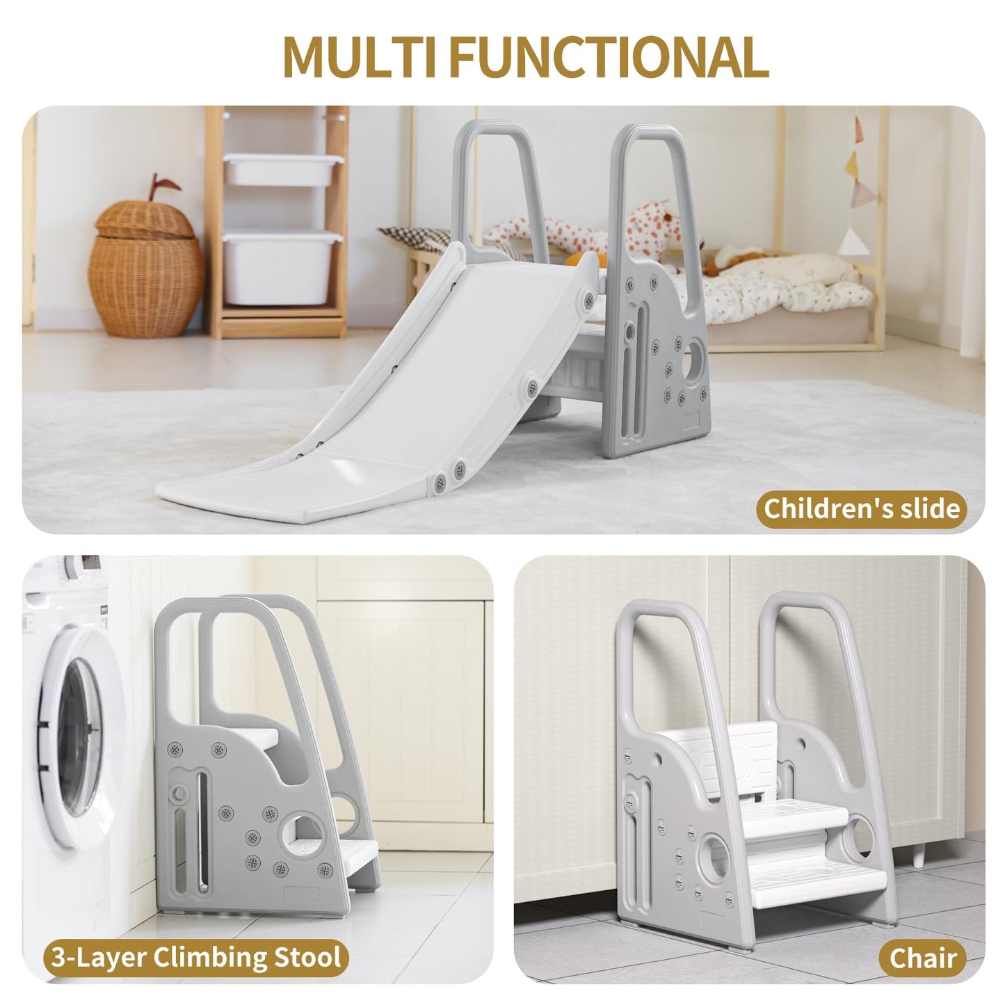 3 in 1 Toddler Large Play Climber Slide PlaySet with Extra Long Slipping Slope Indoor Kids Slide Toddler Playground Toddler Slide Outdoor Toys for Toddlers (Gray)
