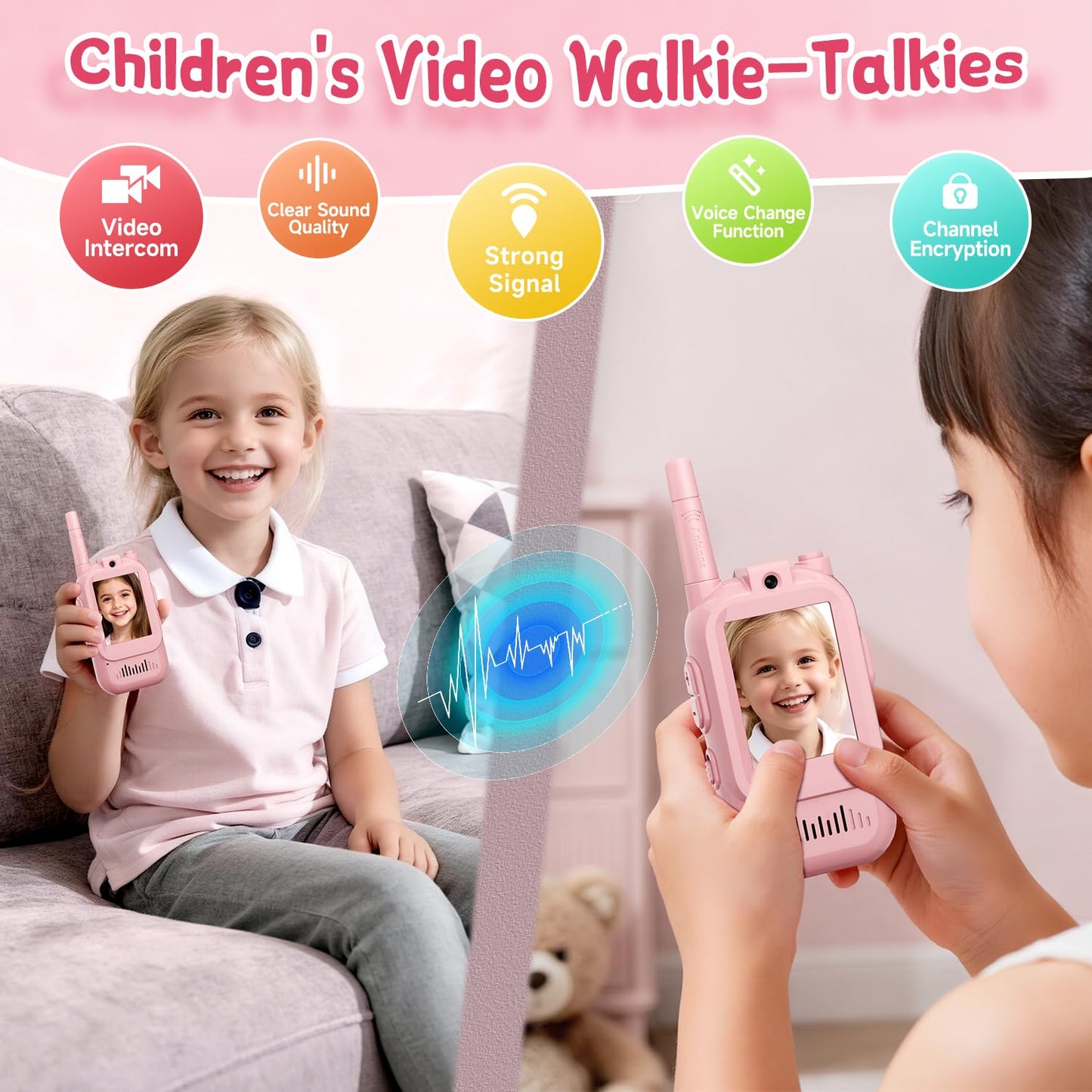Video Walkie Talkies for Kids Ages 3-12, 2 Pack Rechargeable Video Intercom Toys with Camera, Indoor Outdoor Adventure Games for Family Camping Hiking Birthday Gifts for Boys Girls (Pink/Pink)