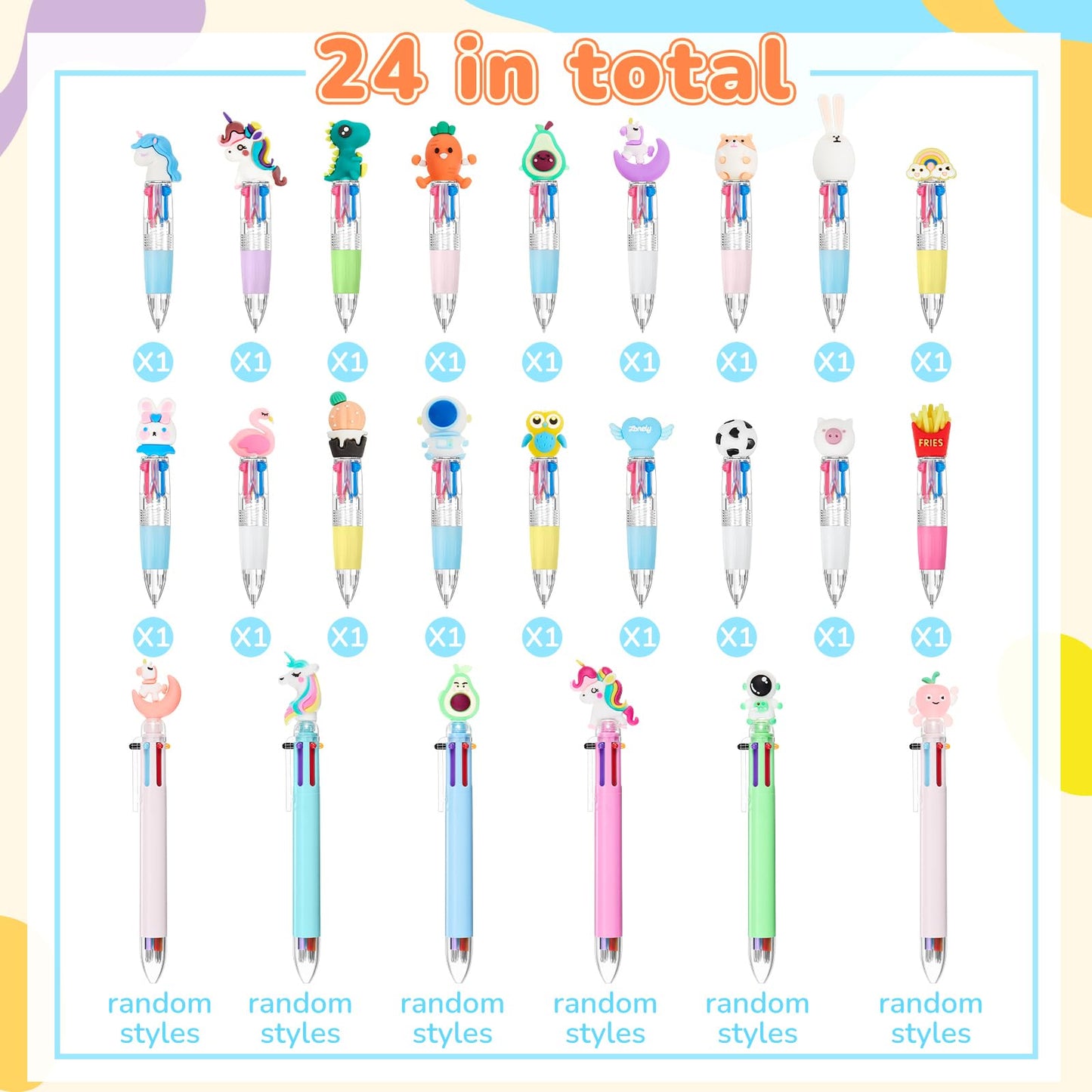 Mooliwe 24 Pcs Mini Multicolor Pens in One 18 Pieces 4-in-1 and 6 Pcs 6-in-1 Cute Fun Ballpoint Pens Bulk Easter Egg Fillers Party Favors Birthdays Gifts Kawaii Prizes Goodie Bags Stuffers (Classic)