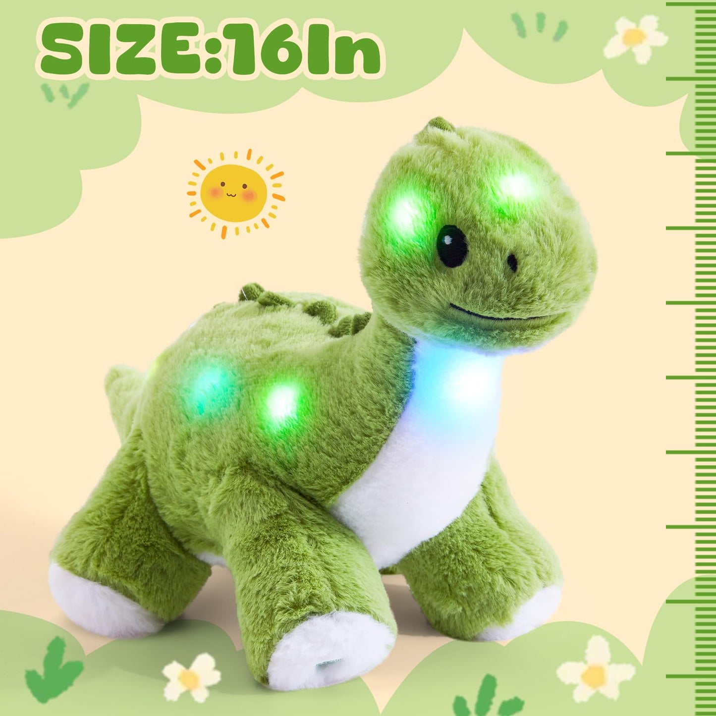 Glow Guards 16'' Light up Dinosaur Stuffed Animal,LED Soft Dinosaur Plush Toy with Magic Night Lights&Lullaby,Birthday Children's Day for Toddler Kids (Green, Music)
