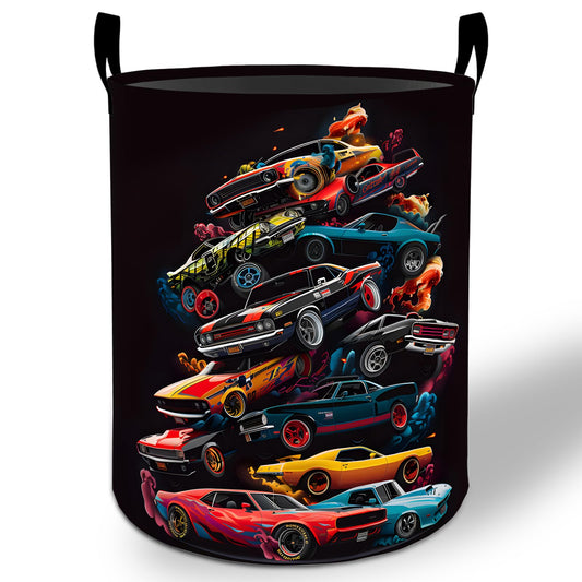 Muscle Car Laundry Basket Hamper 19.7"x15.8", Racing Foldable Waterproof Oxford Clothes Storage Bucket for Room Bathroom Bedroom Nursery Decor, Toy Organizer Bins Gifts for Kids Boys Girls
