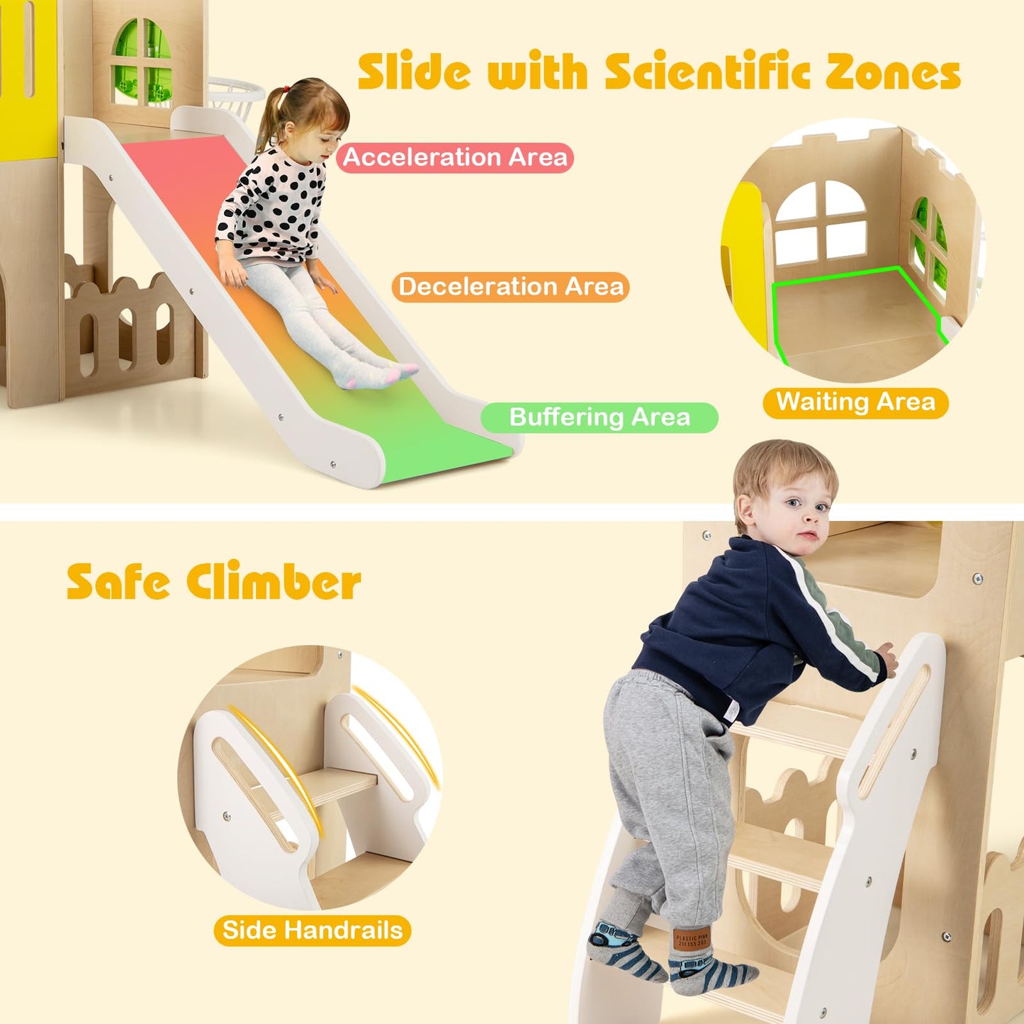 Costzon Wooden Toddler Slide, 7-in-1 Climber Playset with Slide, Basketball Hoop, Extra-Long Aisle, Peek-a-Boo Window, Crawling Tunnel & Storage Space, Indoor Outdoor Playground Slide for Kids