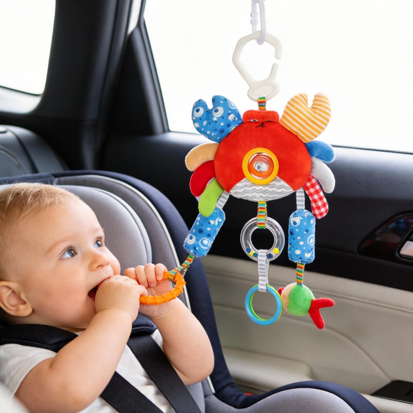 Baby Car Seat Toys with Clip- Travel Sensory Toys for 6 7 8 9 10 11 12 Months, Infant Roadtrip Soft Montessori Hanging Plush Toys Wind Chime, Teether, Rattle, Squeaky for Newborn Boy Girl Gifts