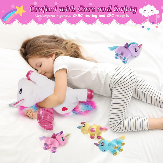 gnomantic 5 Pieces Unicorn Stuffed Animals - 1 Mommy Stuffed Unicorn with 4 Babies - Unicorns Gifts for Girls Ages 3 4 5 6 7 8, Unicorns Plush Toys for Christmas, Valentine's, Birthday Gifts (Pink)