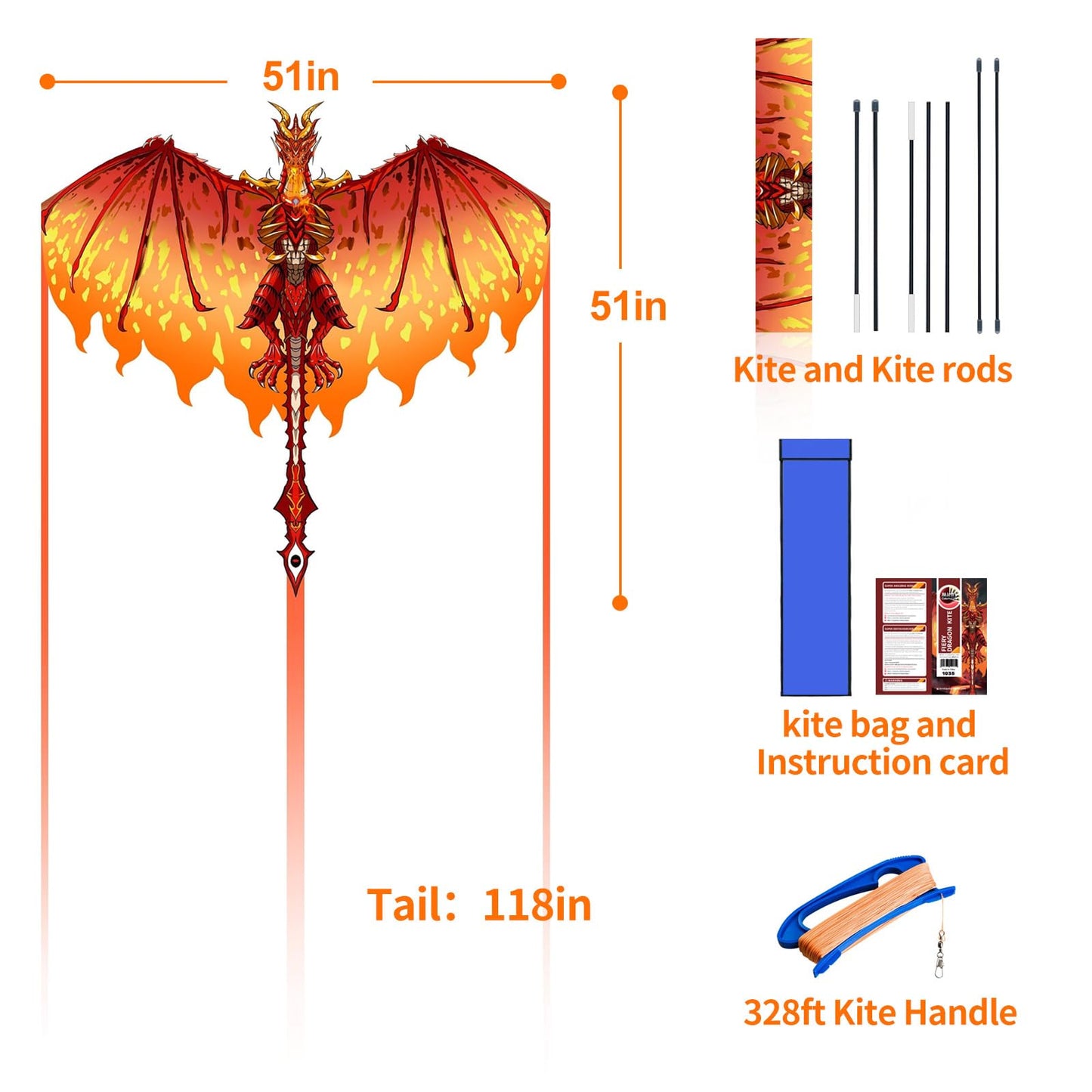 Mint's Colorful Life Dragon Kite for Kids & Adults, Easy to Fly Kites for Beginners,Large Single Line Kite for Beach Trip with 300ft Kites String(Red Fiery)