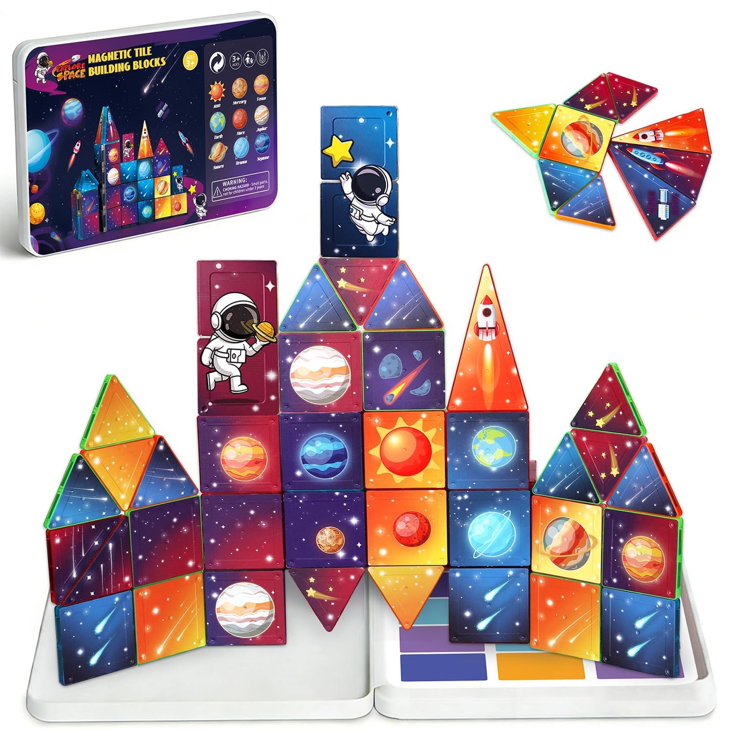kocojrff Mini Magnetic Tiles Travel Set, 31Pcs STEM Travel Magnatiles with Metal Case, Space Theme Educational & Creative Magnet Tiles for Kids