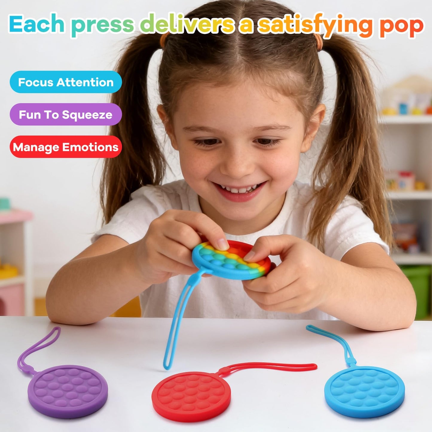Instant Rebound Fidget Toy with Wrist Strap, No Flip Push Pop Sensory Toy, Continuous Press Bubble Toy for Kids and Adults, Silicone Stress Relief Toy, Keychain Fidget for Travel and School (Rainbow)
