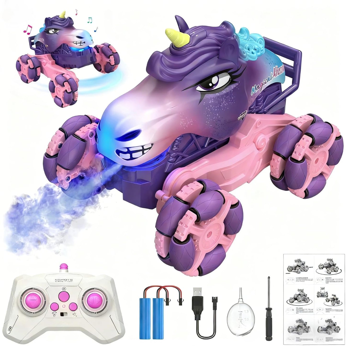MAGTHIC Remote Control Car 1:18 Pink Unicorn Monster Truck 360° Spin-Dance Light Music with Spray, 2.4 GHz 4WD 120 Min Runtime Off-Road for Indoor & Outdoor Fun Toy Birthday Gifts for Girls Age 3+