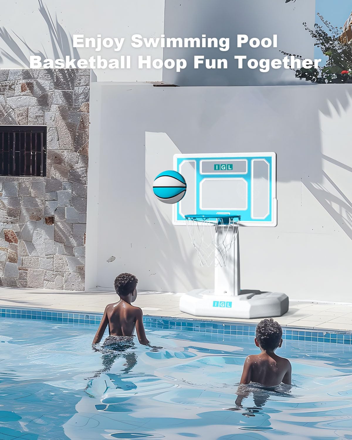 IGL Pool Basketball Hoop Outdoor, Outdoor Poolside Basketball Hoop, Base & Stand Double Water Storage with 2 Ball & Inflator, Stainless Steel Basketball Rim, Fixed Height (32in Backboard)