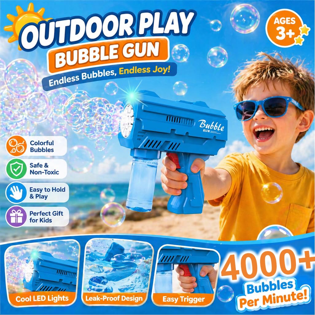 Kids Automatic Bubble Gun LED Light & Refill Solution – Leakproof Bubble Blaster, Outdoor Toys Toddlers 3-8, Birthday Gift, Easter Stuffer, Wedding & Party Supplies (Blue)