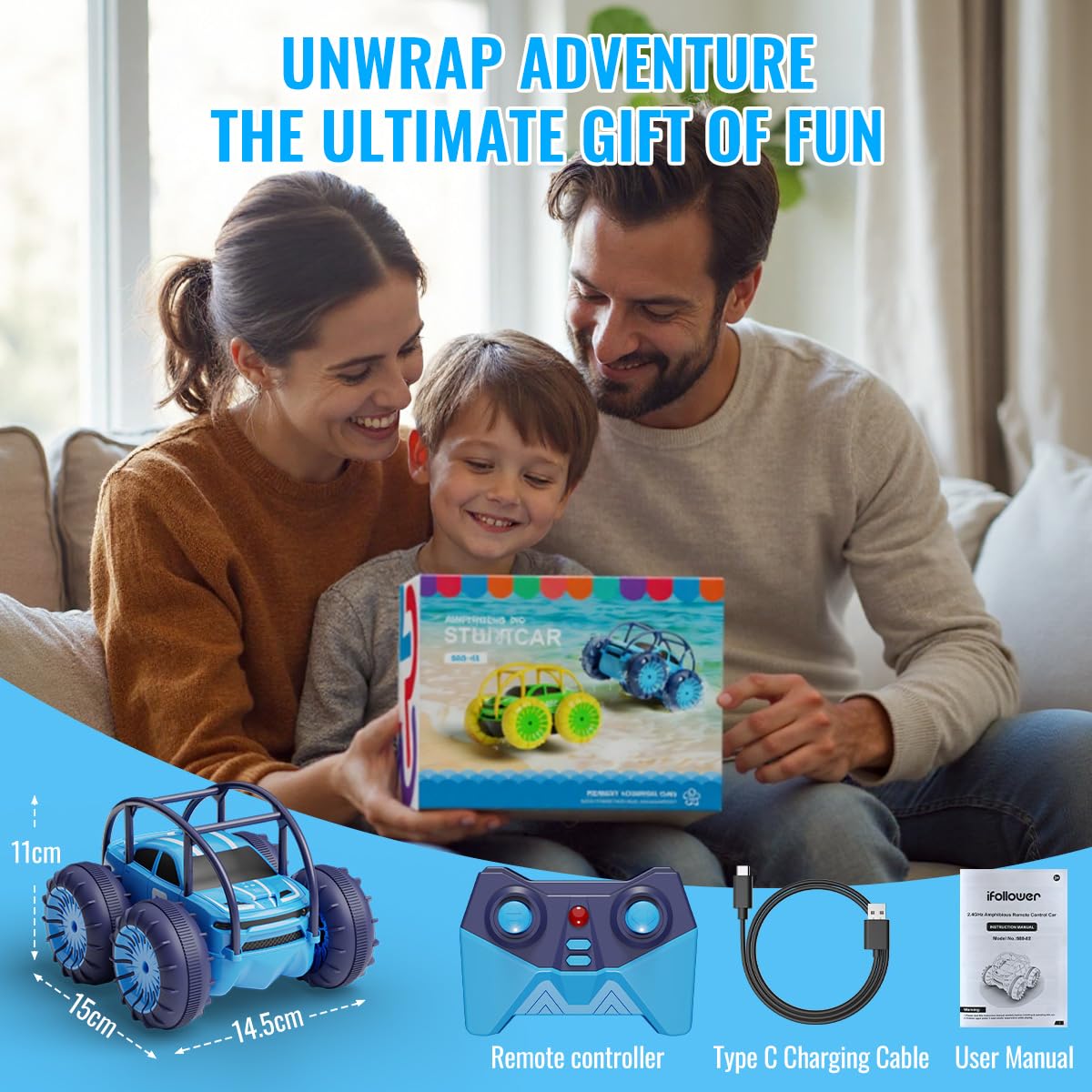 ifollower Amphibious Remote Control Car, Rechargeable RC Cars & Remote 360° Rotating Flips 2.4Ghz 4WD All Terrain Stunt Car Toy Christmas Birthday Gift for Kids Boys 3-12 Years