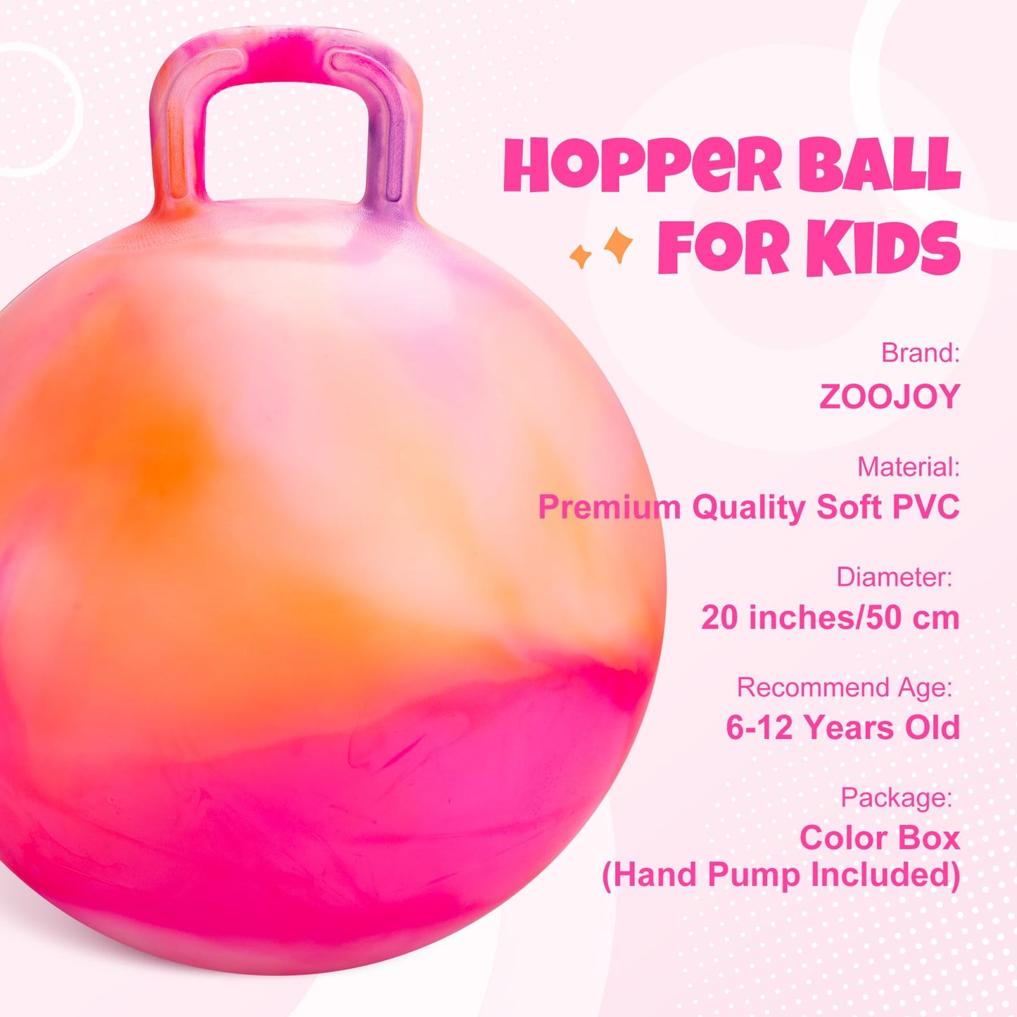 ZOOJOY Clouds Hopper Ball, Hopping Toys for Kids, 20 Inch Bouncy Ball with Handle for Boys Girls Aged 6-12, Inflatable Clouds Bounce Hopper Toy with Pump